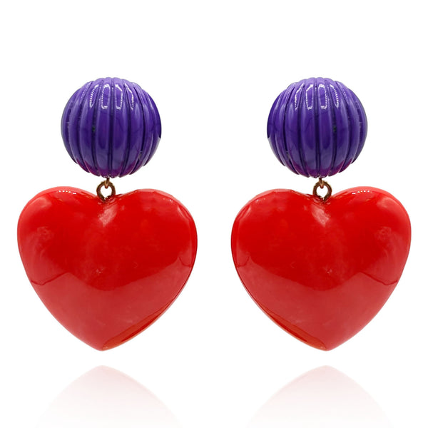 Amour Carved Purple Resin With Ruby Red Resin Heart Drop Earrings