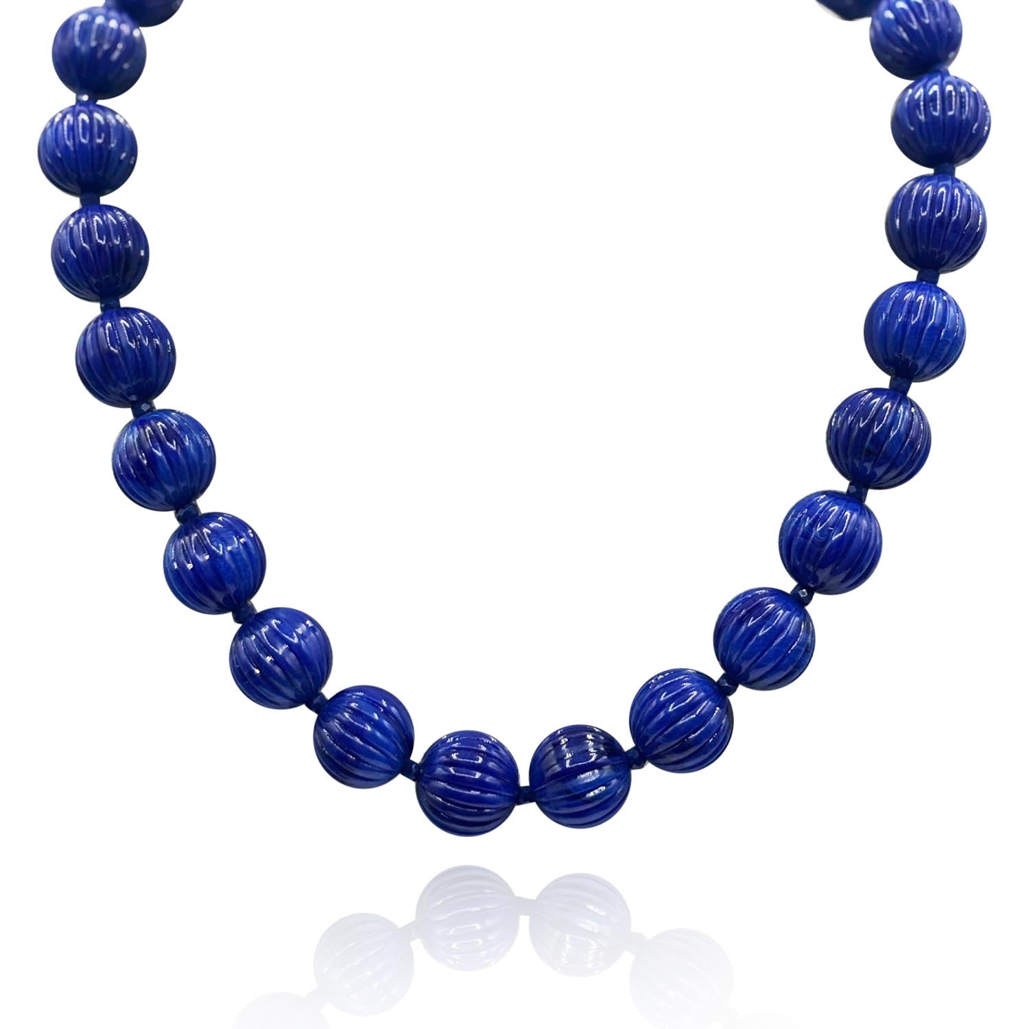 Vicenza Sapphire Resin Carved Seventeen And One Half Inches Melon Bead Necklace