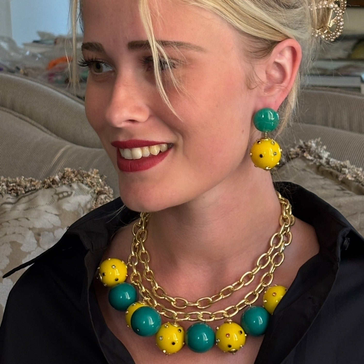 Valentina Jade And Amber Resin Studded Pierced Earrings