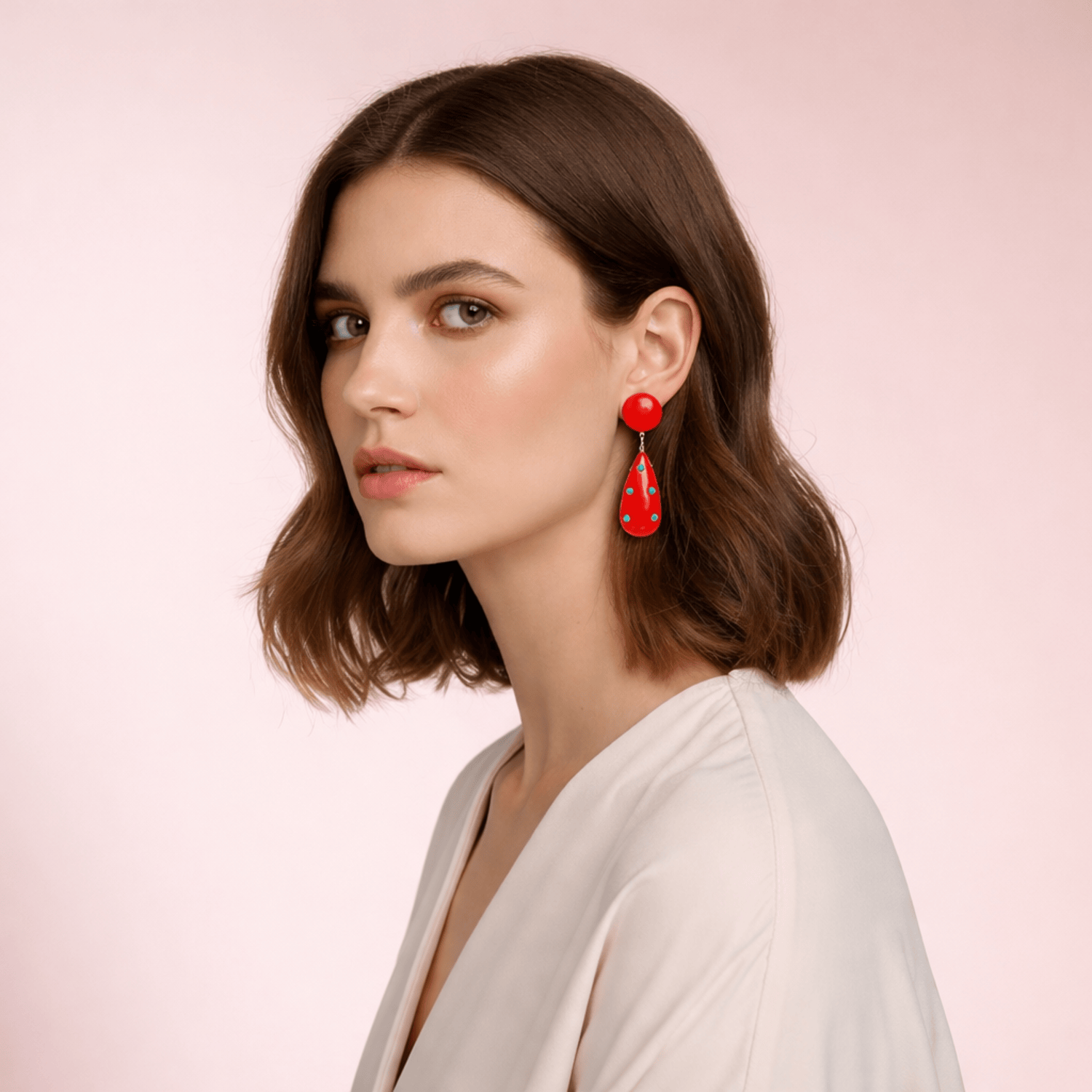 Kathryn Red And Turquoise Drop Polka Dot Earrings