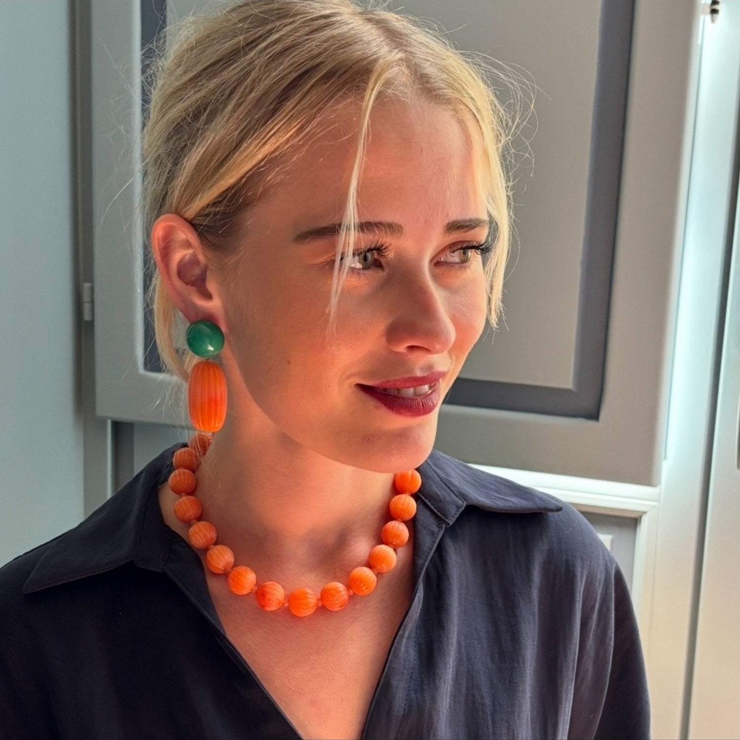 Vicenza Coral Resin Carved Sixteen Inch Melon Bead Necklace