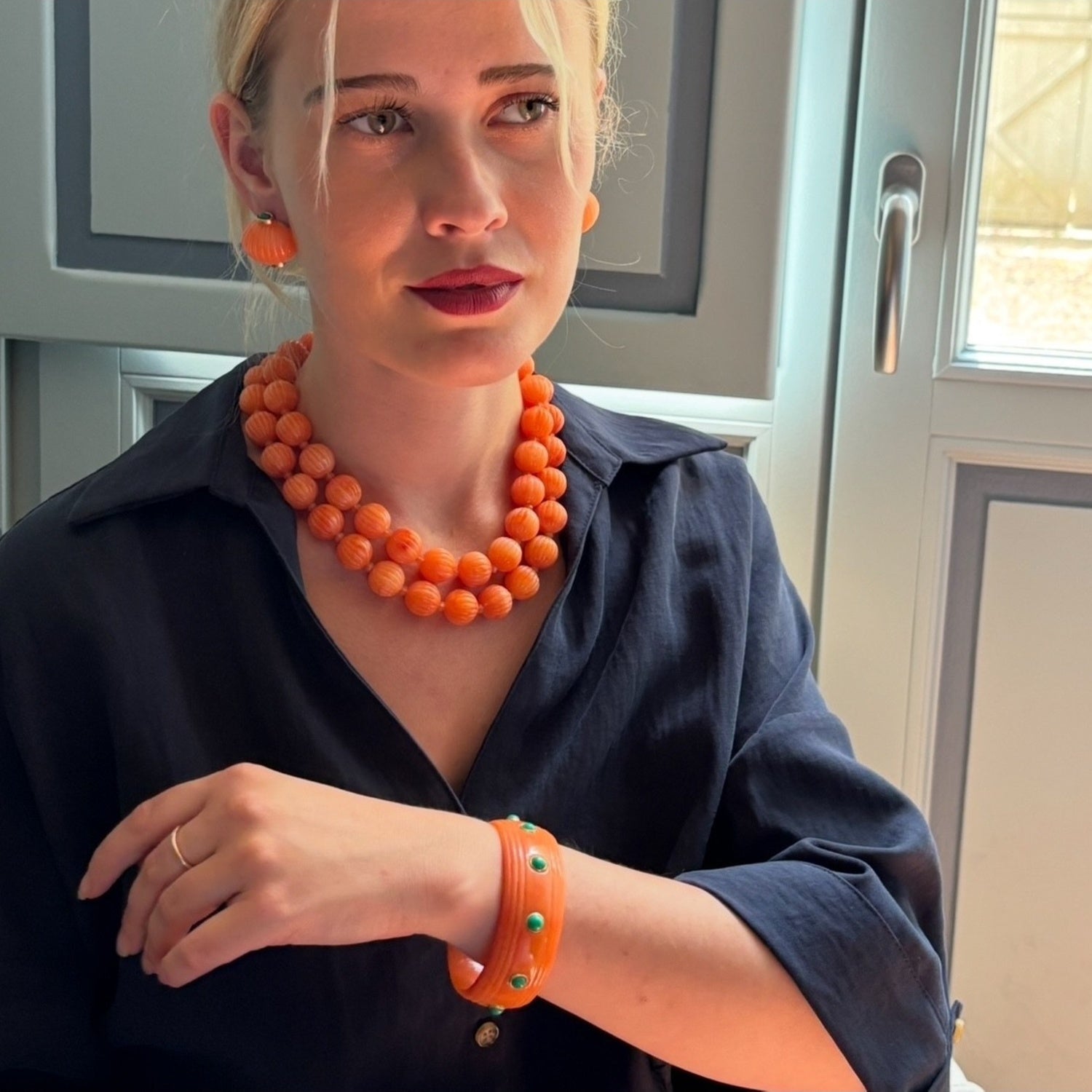 Vicenza Coral Resin Carved Sixteen Inch Melon Bead Necklace