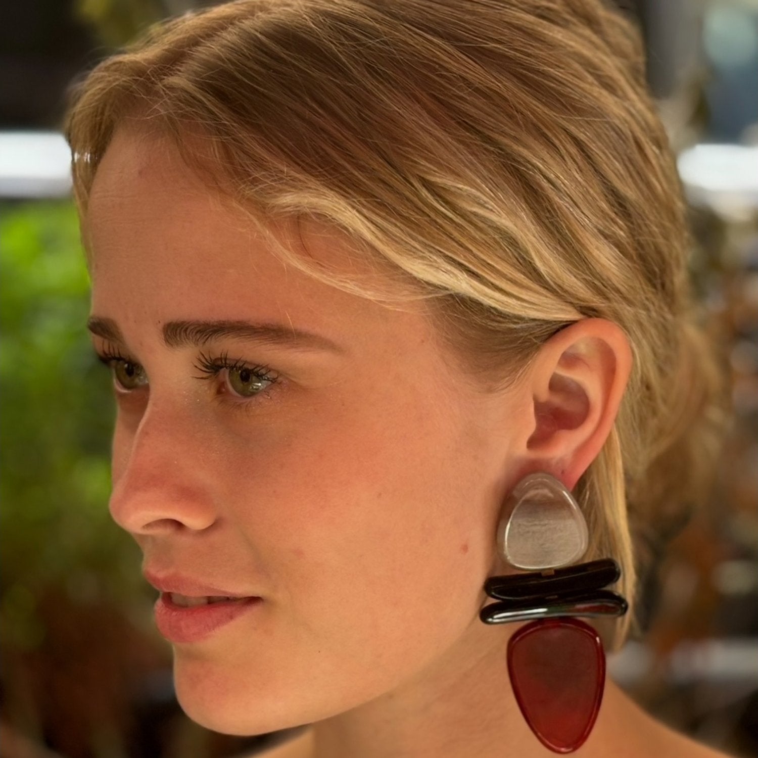 Katherine Bone And Black And Red Carnelian Drop Resin Earrings