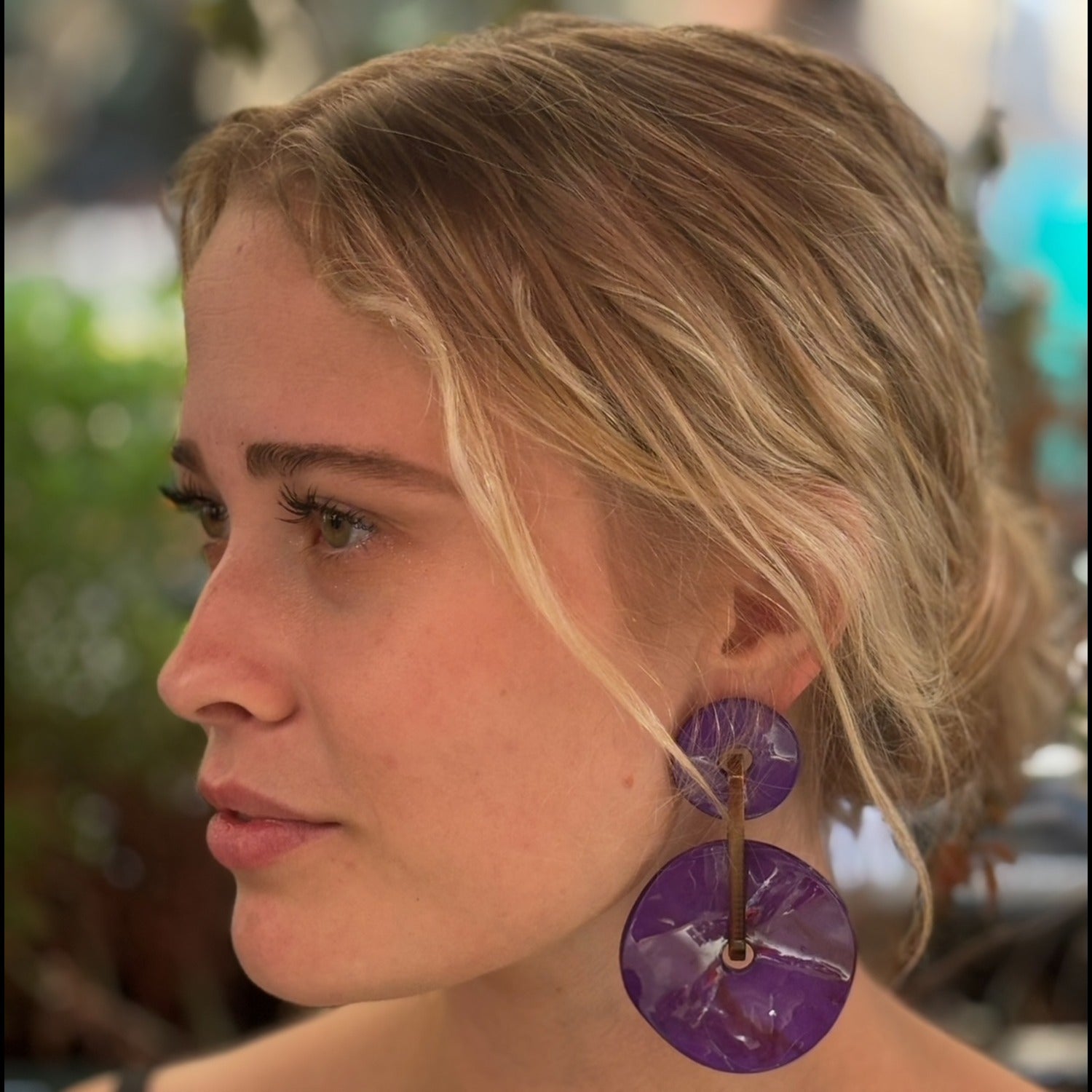 Greta Double Disc Purple Resin Drop Earrings