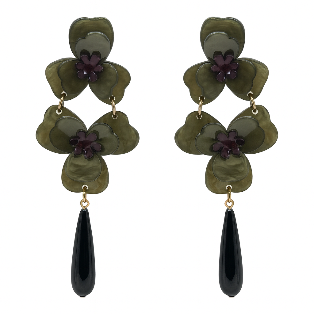 Pendientes colgantes de resina con doble diseño floral de Beth Olive, Filipinas