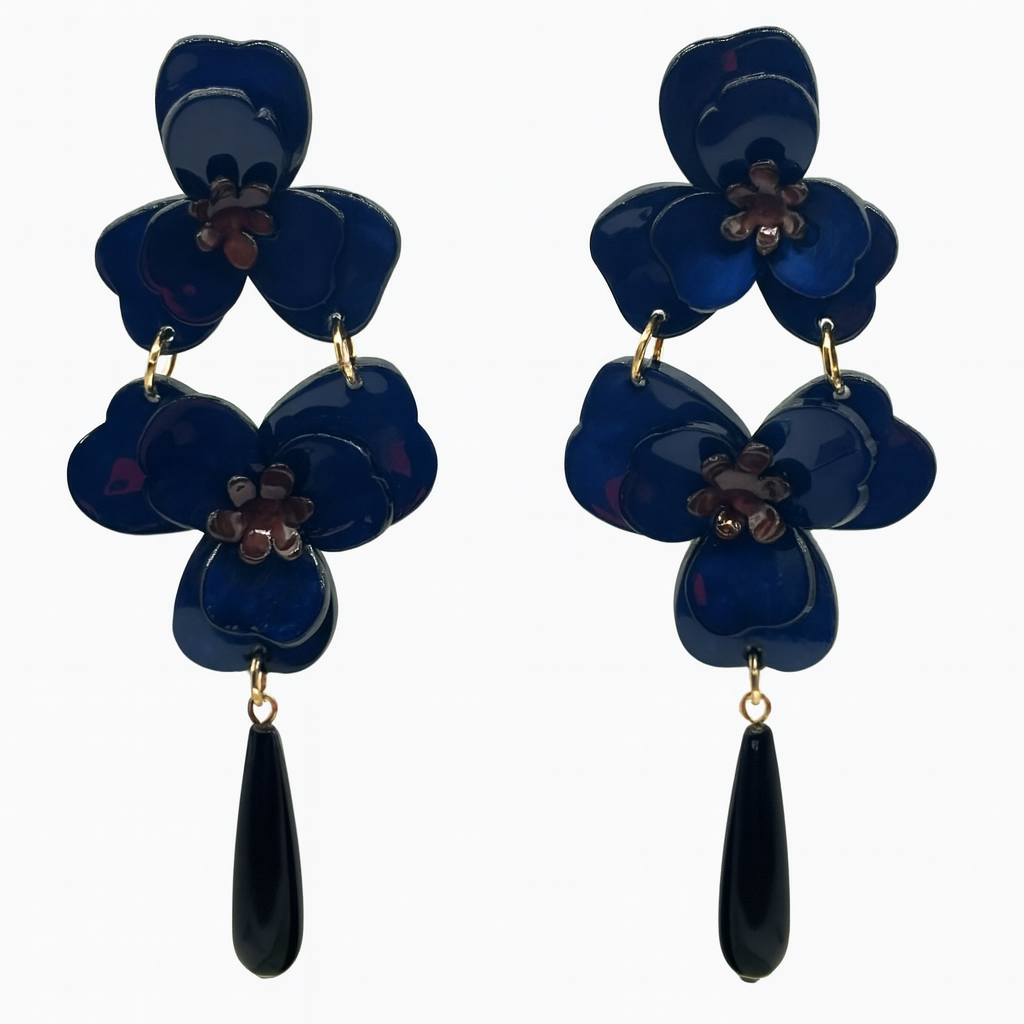 Beth Navy Double Floral Resin Drop Earrings