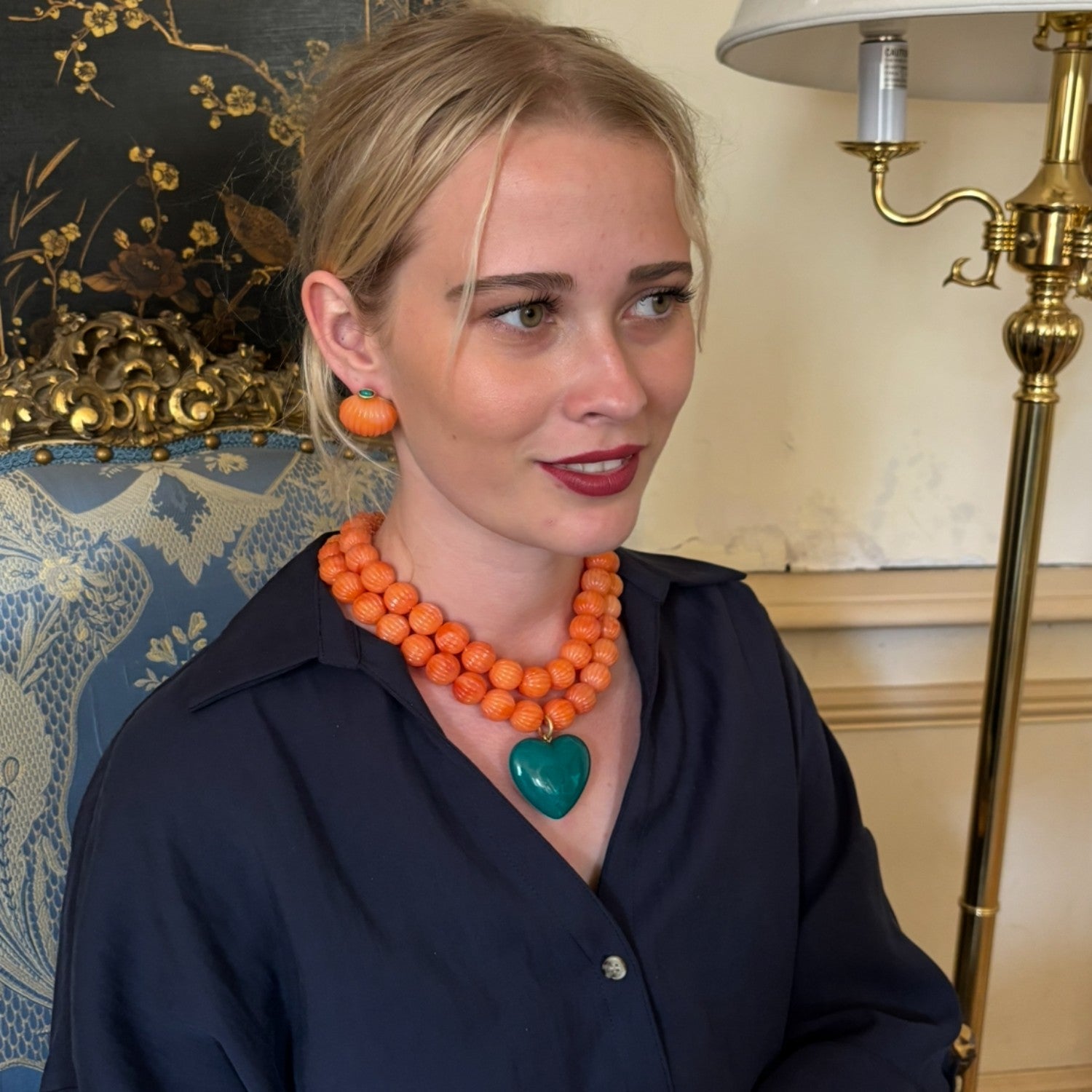 Luisa Carved Coral And Jade Resin Earrings