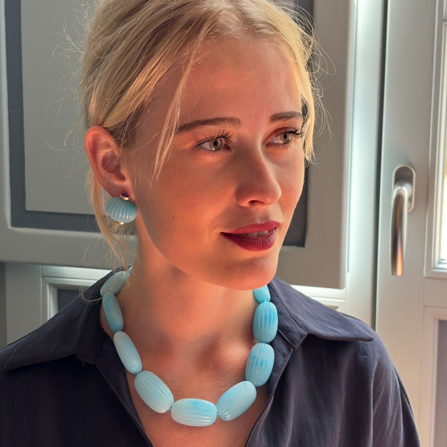 Luisa Carved Turquoise And Amethyst Resin Omega Back Earrings