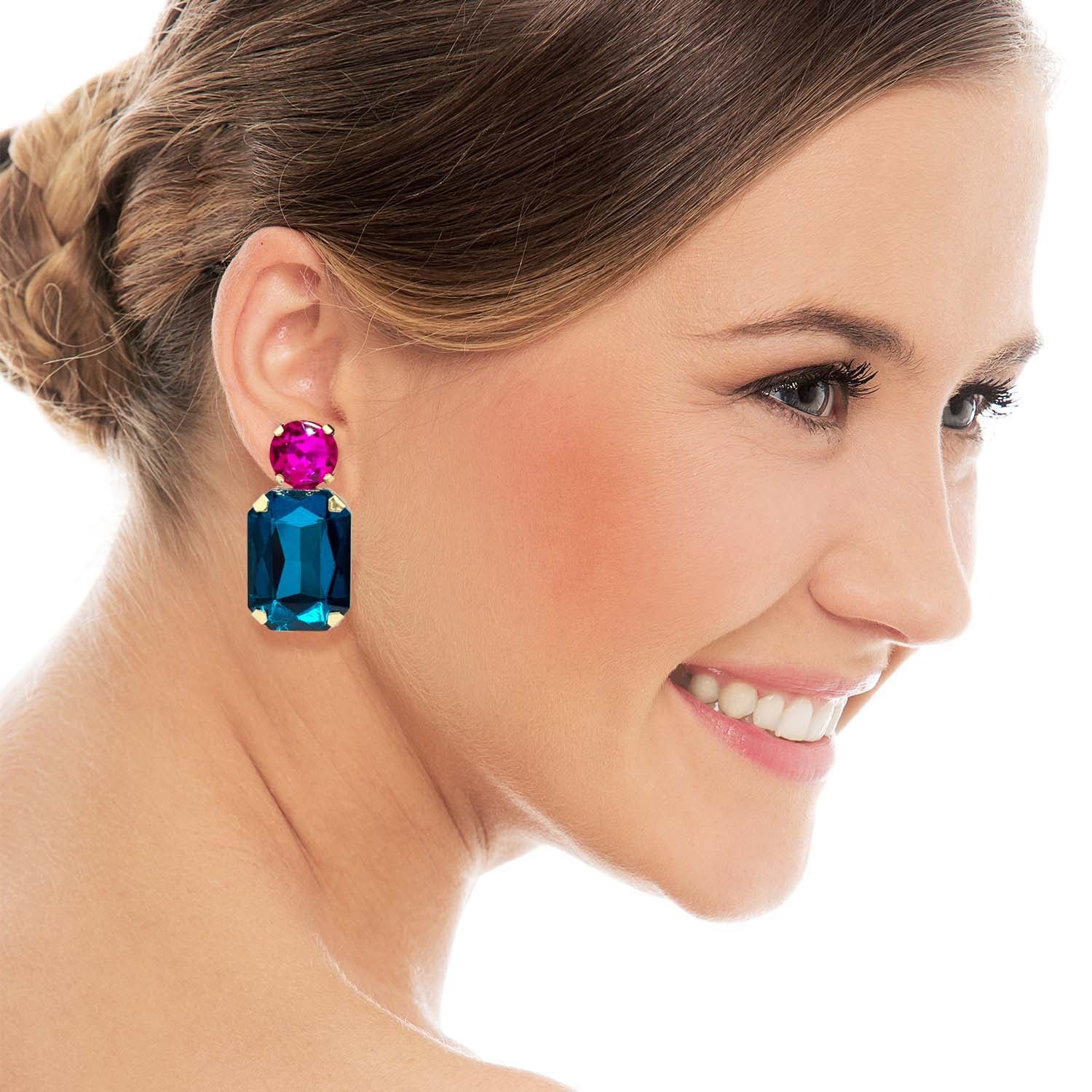 Adelle Peacock Blue Crystal Octagon And Fuschia Round Stone Drop Earrings