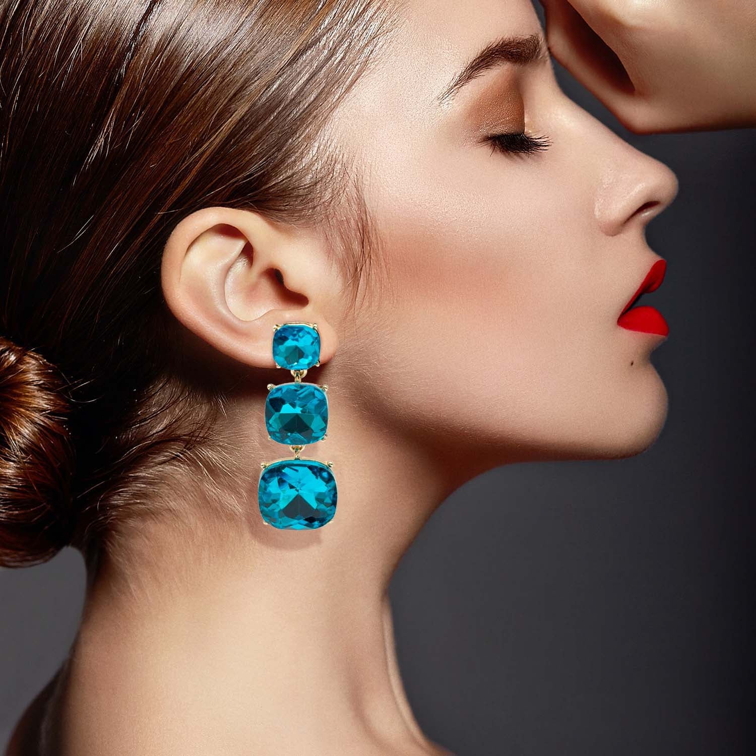 Mackenzie Triple Cushion Shape Teal Drop Earrings