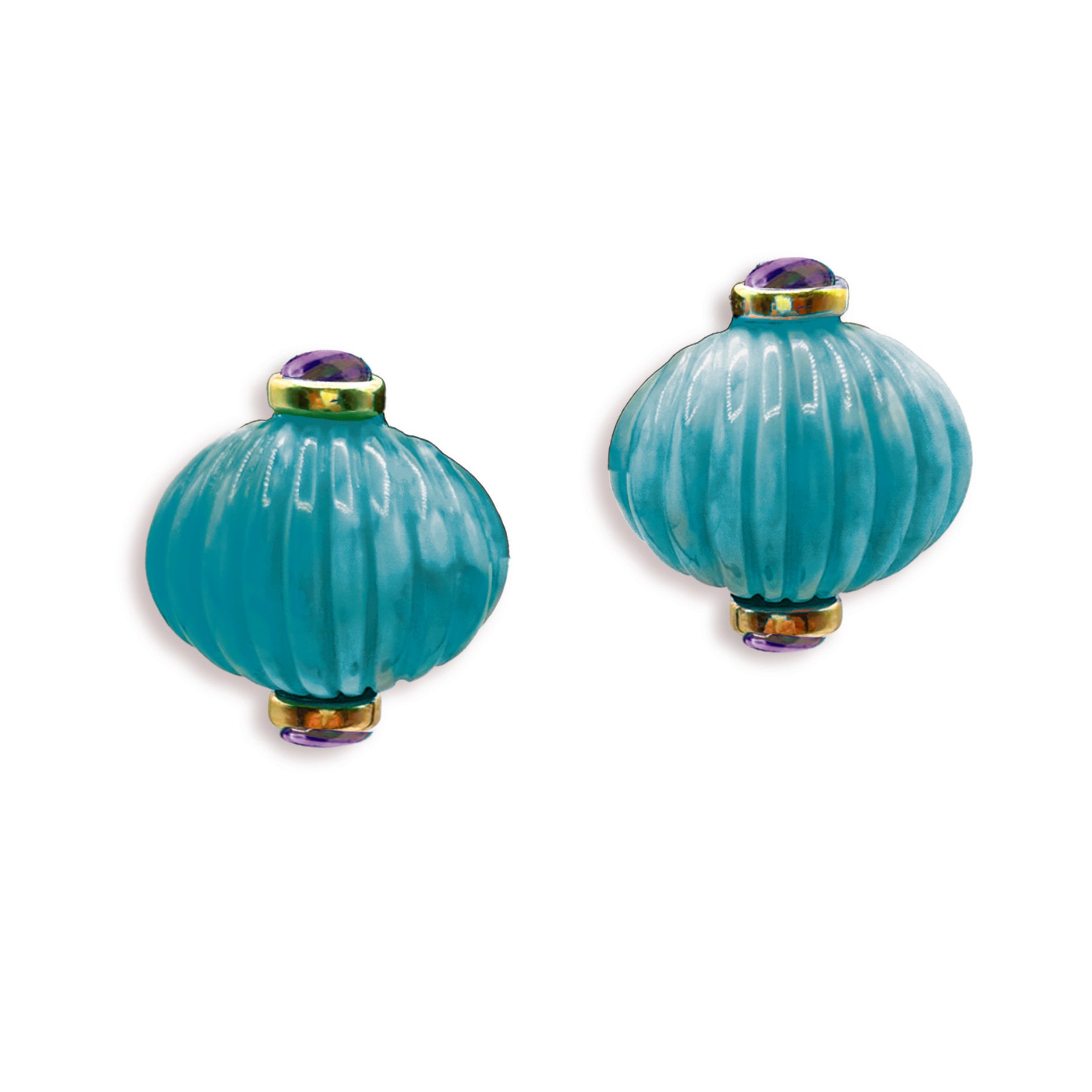 Luisa Carved Turquoise And Amethyst Resin Omega Back Earrings