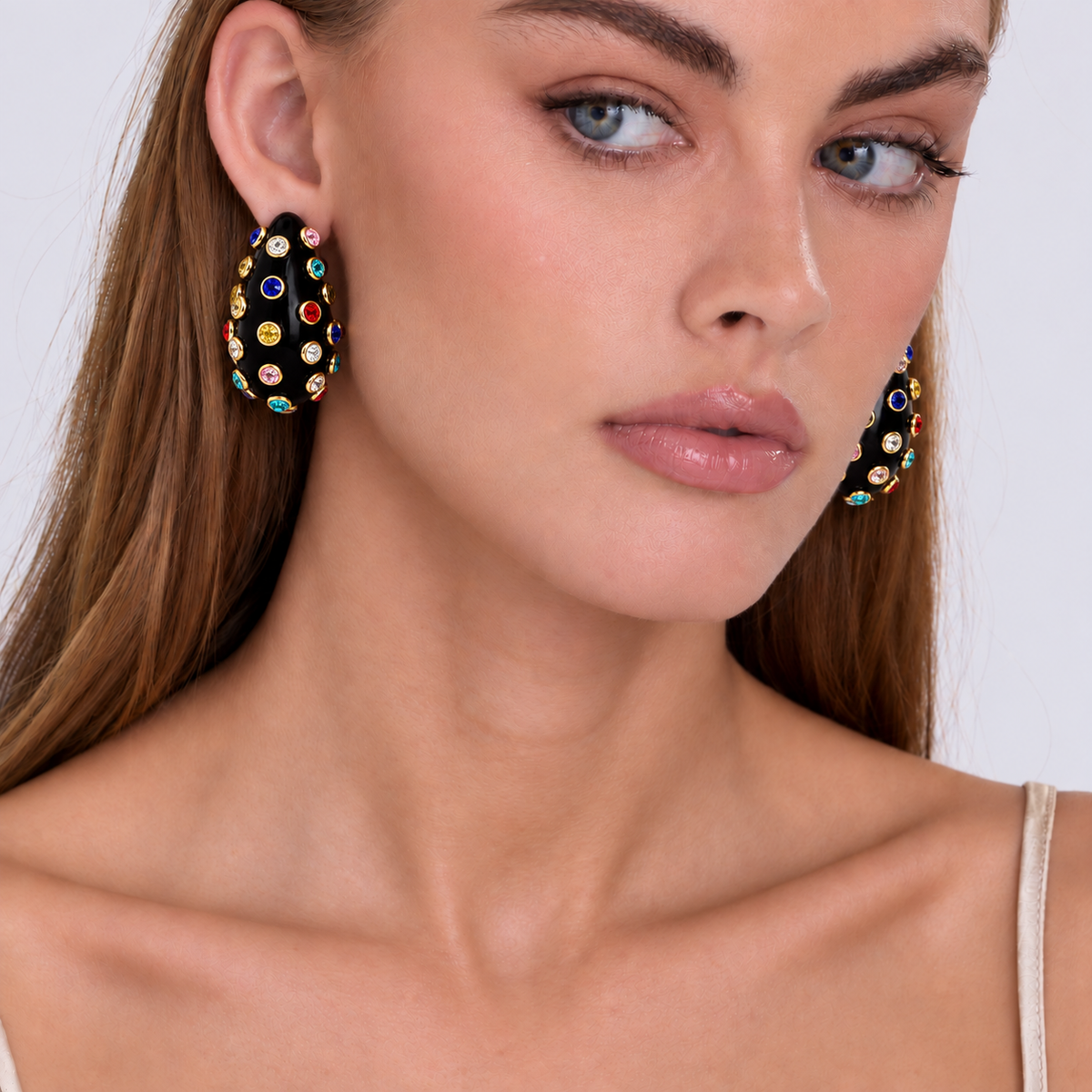Chelsea Black And Multi Color Crystal Clip Hoop Earrings