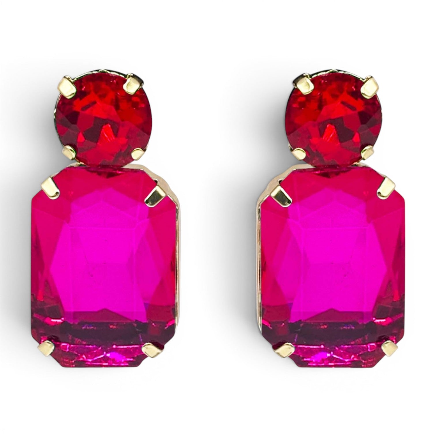 Pendientes colgantes de piedra redonda rubí y octogonal de cristal fucsia de Lidia