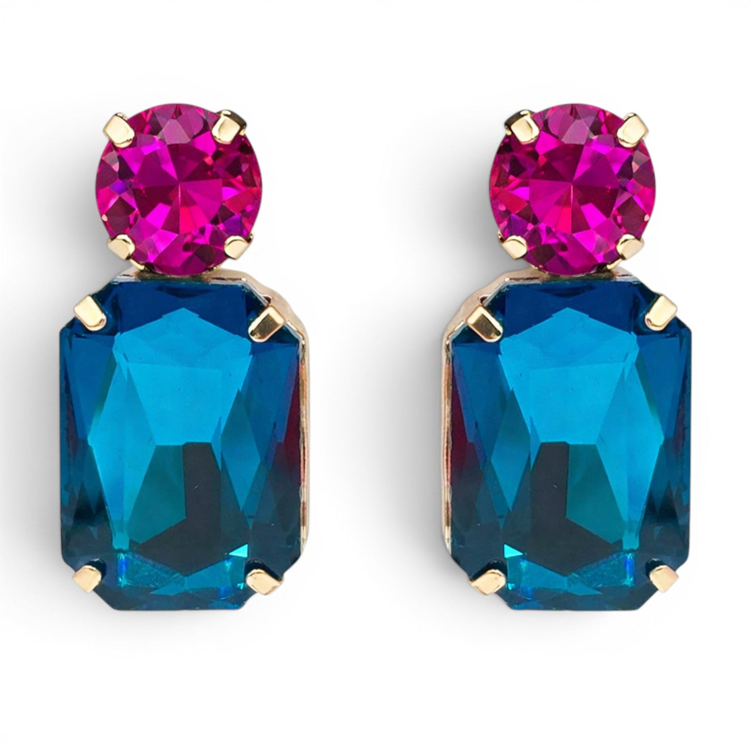 Pendientes colgantes de octágono de cristal azul pavo real y piedra redonda fucsia de Adelle
