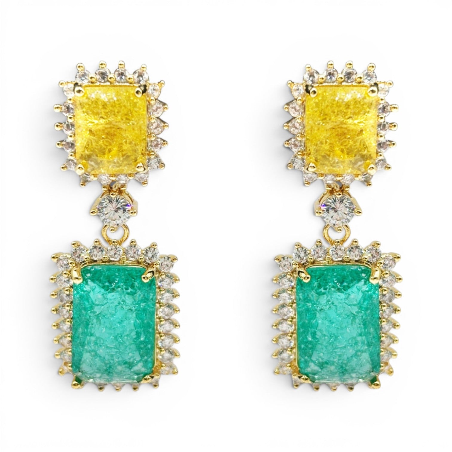 Ally Canary And Emerald Crystal Clip On Earrings In Gold Plated Brass