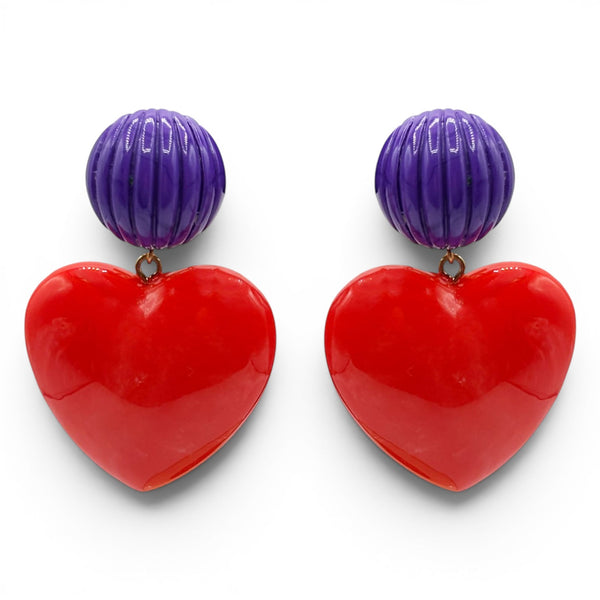 Amour Carved Purple Resin With Ruby Red Resin Heart Drop Earrings
