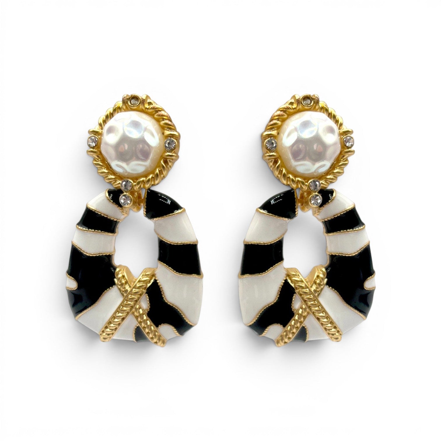 Aria Clip On Doorknocker Earring With Pearl, Enamel, Gold, And Crystal Accents
