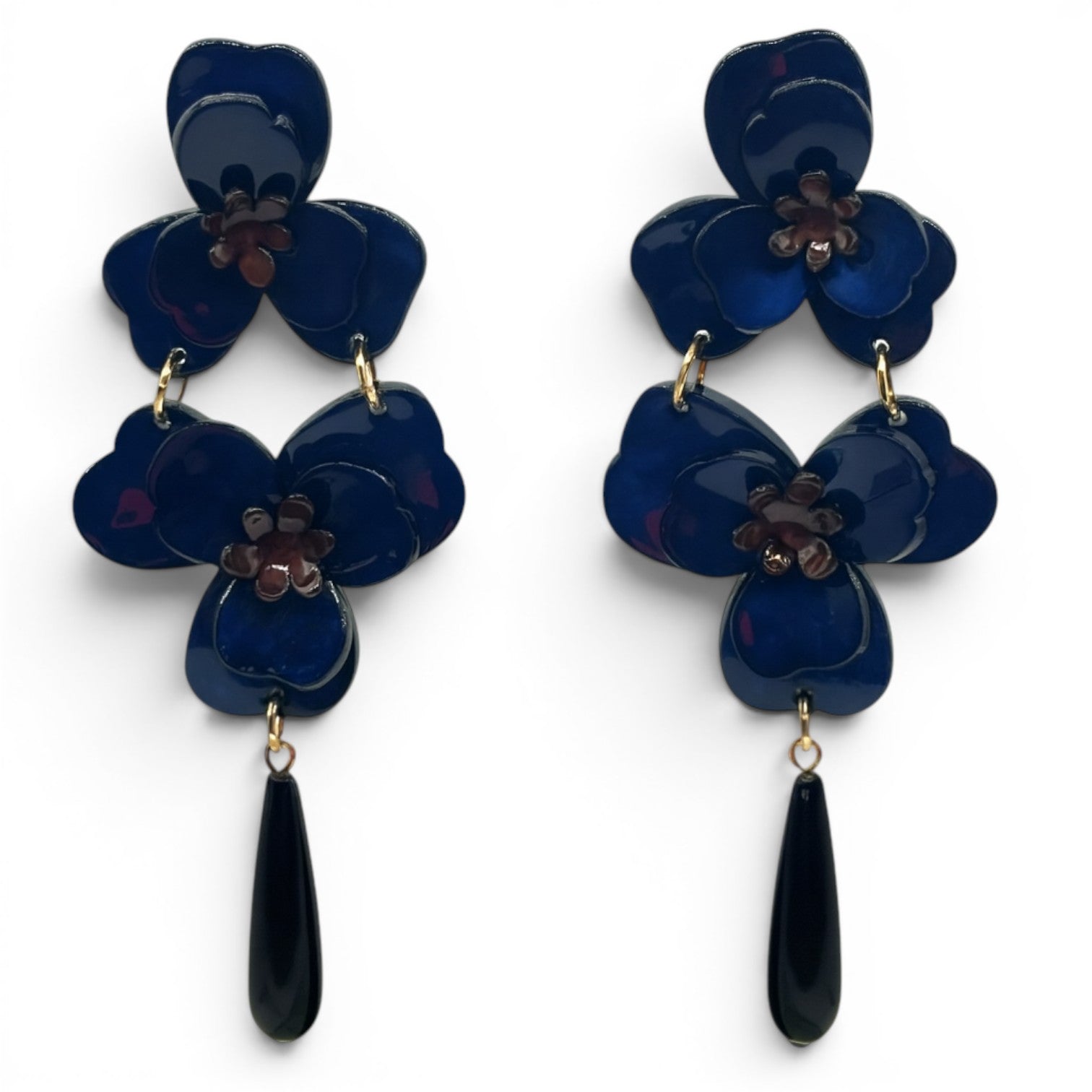 Beth Navy Double Floral Resin Drop Earrings