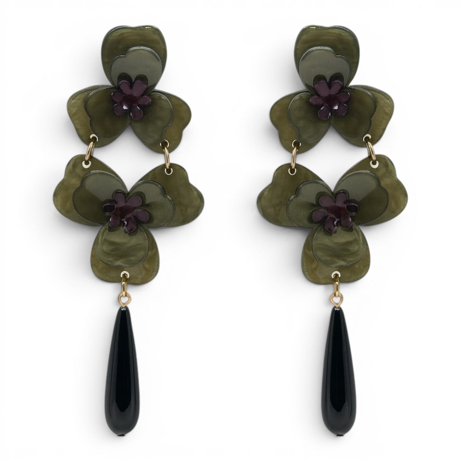 Beth Olive Double Floral Resin Drop Earrings