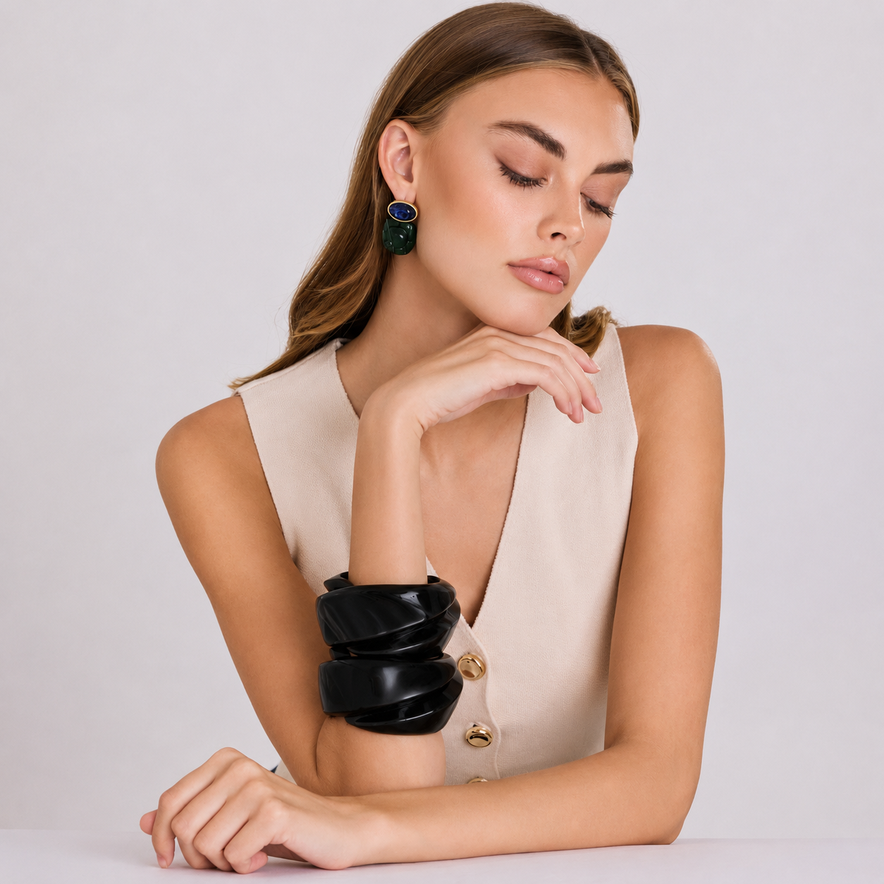 Brigite Polished Black Resin Carved Bangle