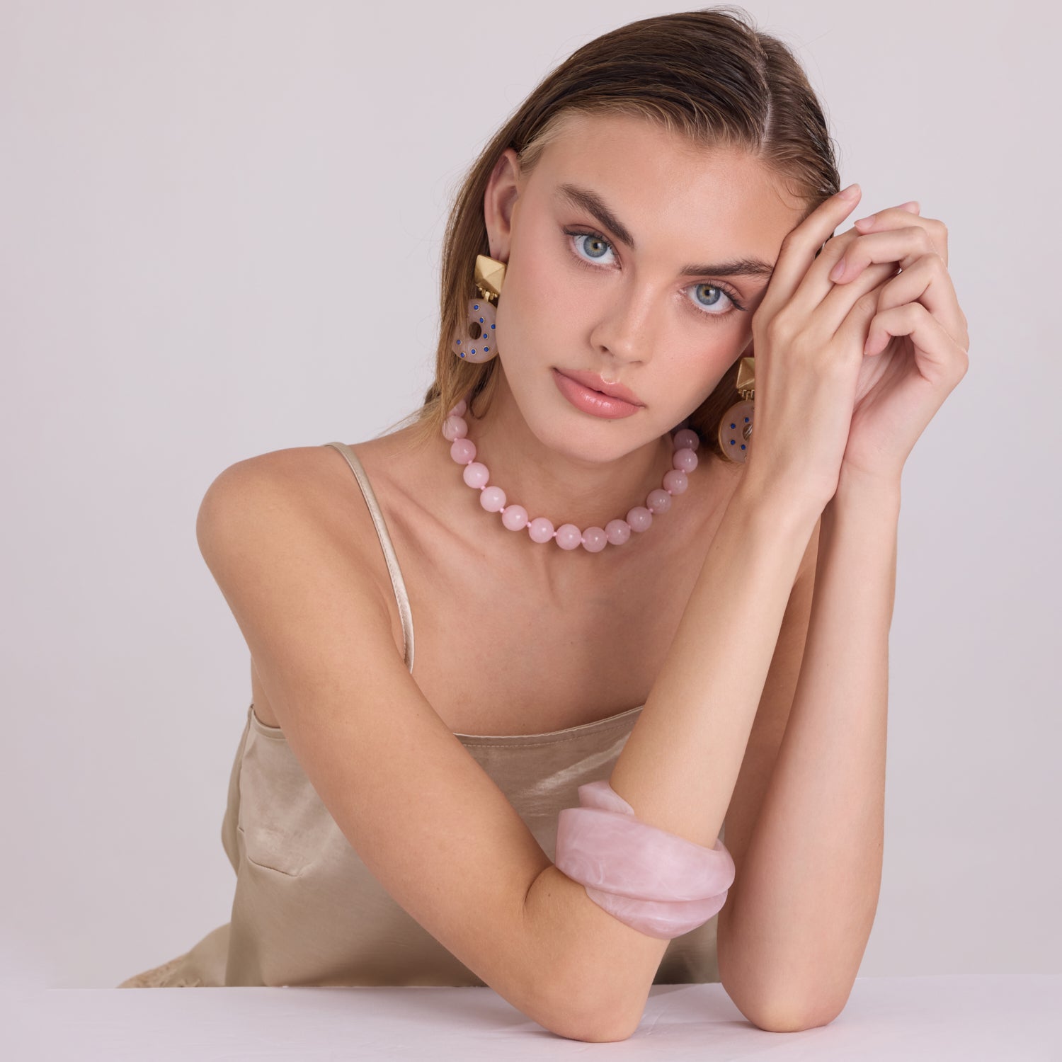 Brigite Matte Rose Quartz Resin Carved Bangle