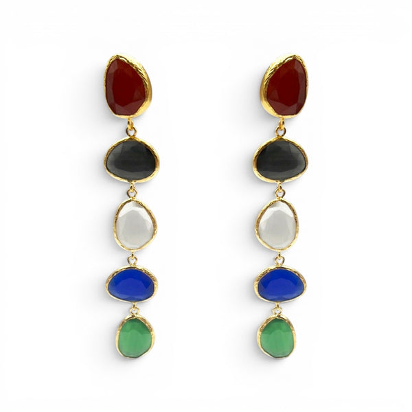 Cadenza Gold Plated Brass Drop Earrings With Multi-Color Cat'S Eye