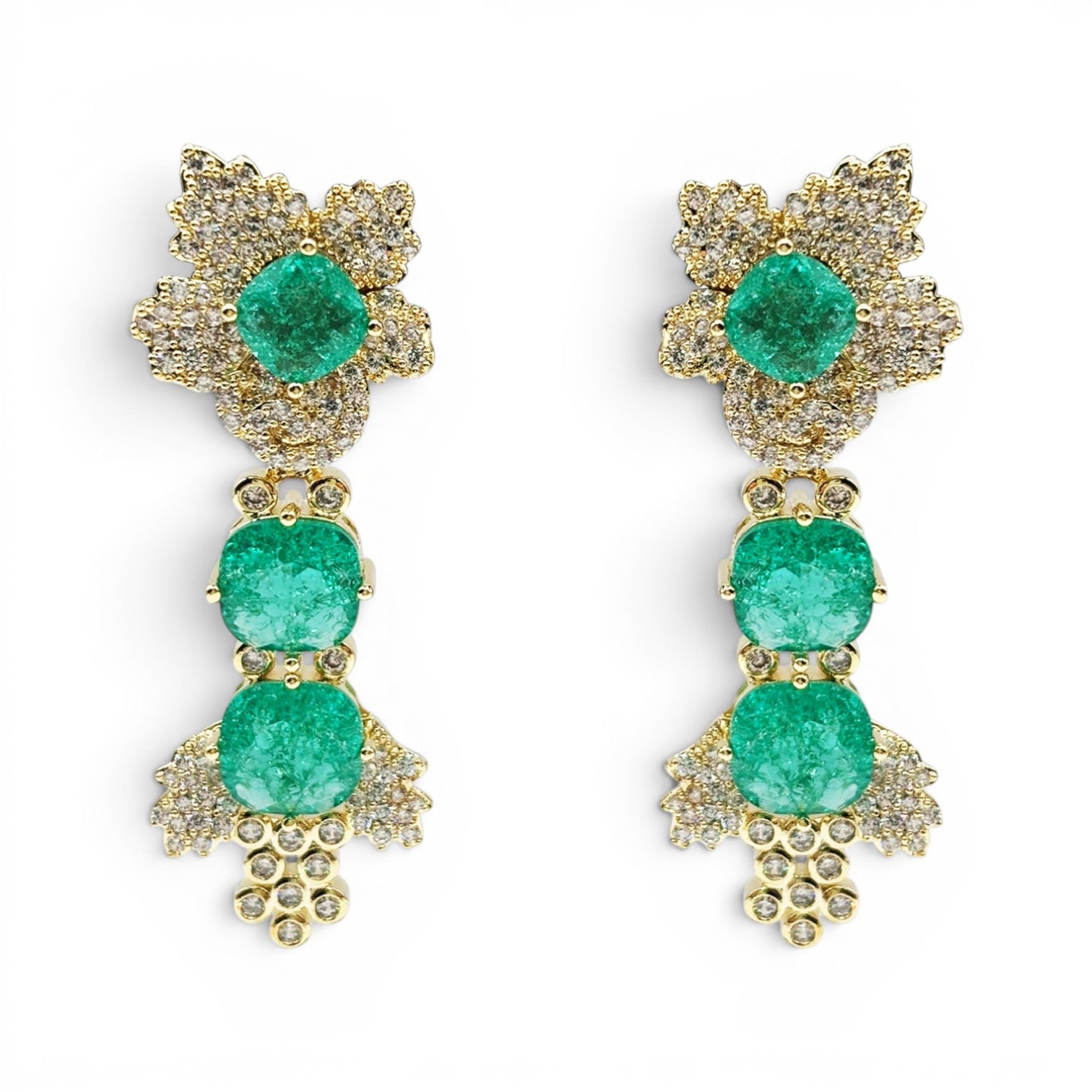 Calogera Gold Plated Clip On Drop Earrings With Emerald And Crystal
