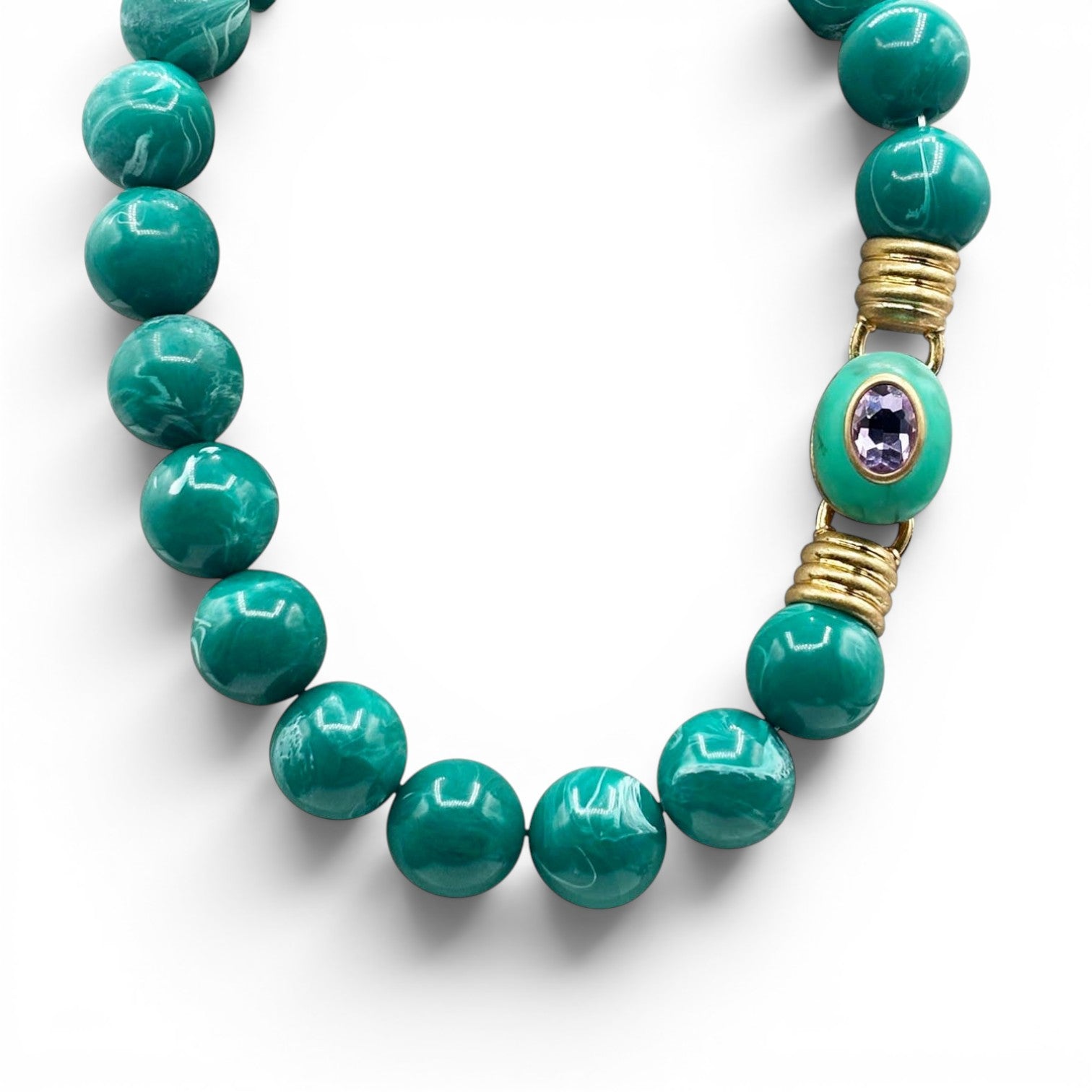 Caroline Malachite Resin Necklace With Pink Faceted Stone Clasp
