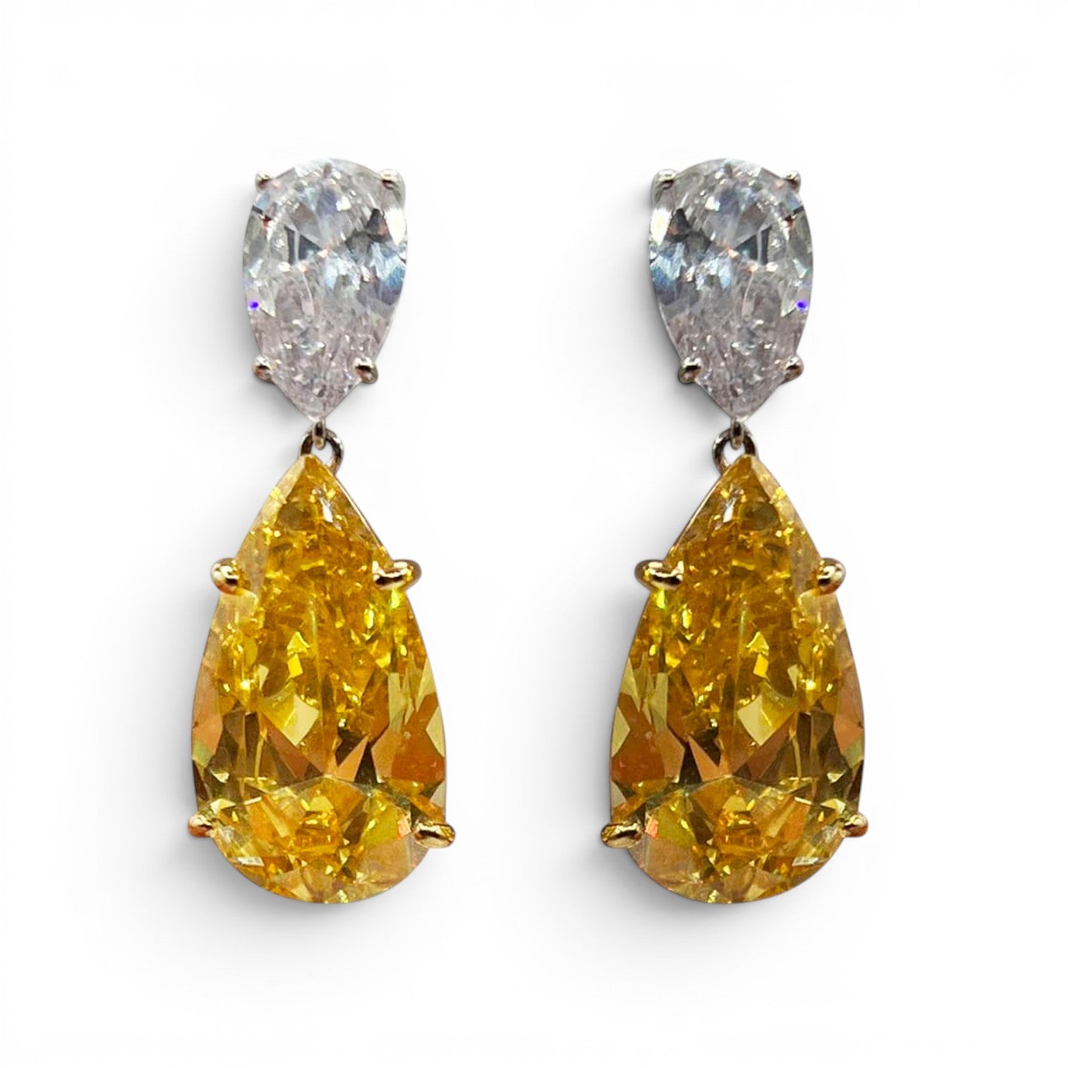 Celestina Large Double Pear Canary And Diamond Clip Earrings Set In Sterling Silver