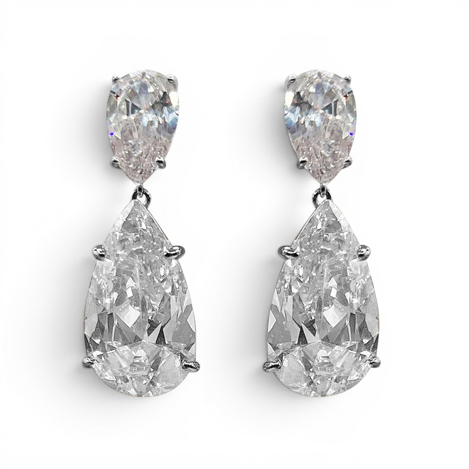 Celestina Large Pear Double Cubic Zirconai And Sterling Silver Drop Clip On Earrings