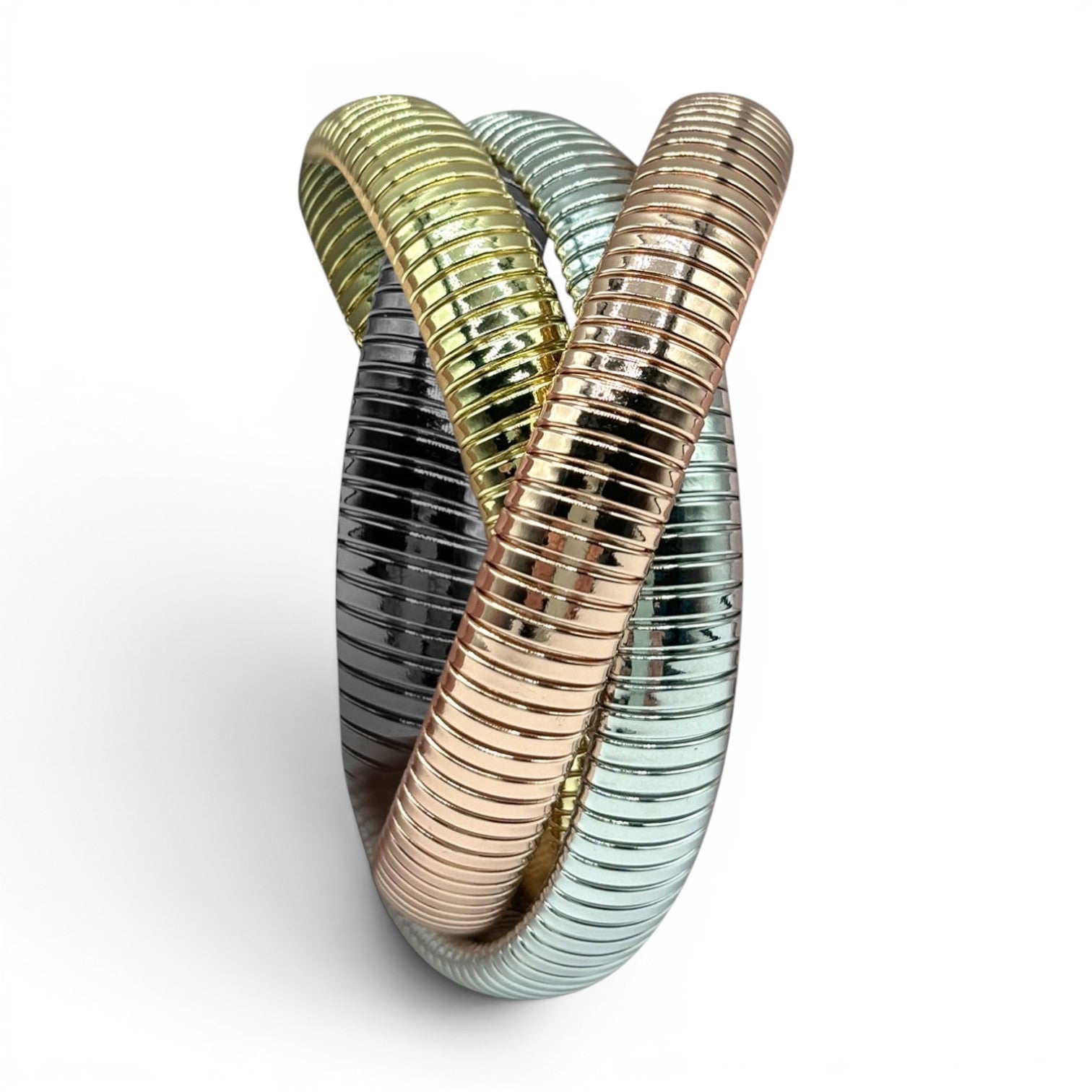 Elisabeth Triple Strand Cobra Bracelet: Rose Gold, Gold, And Silver Plated