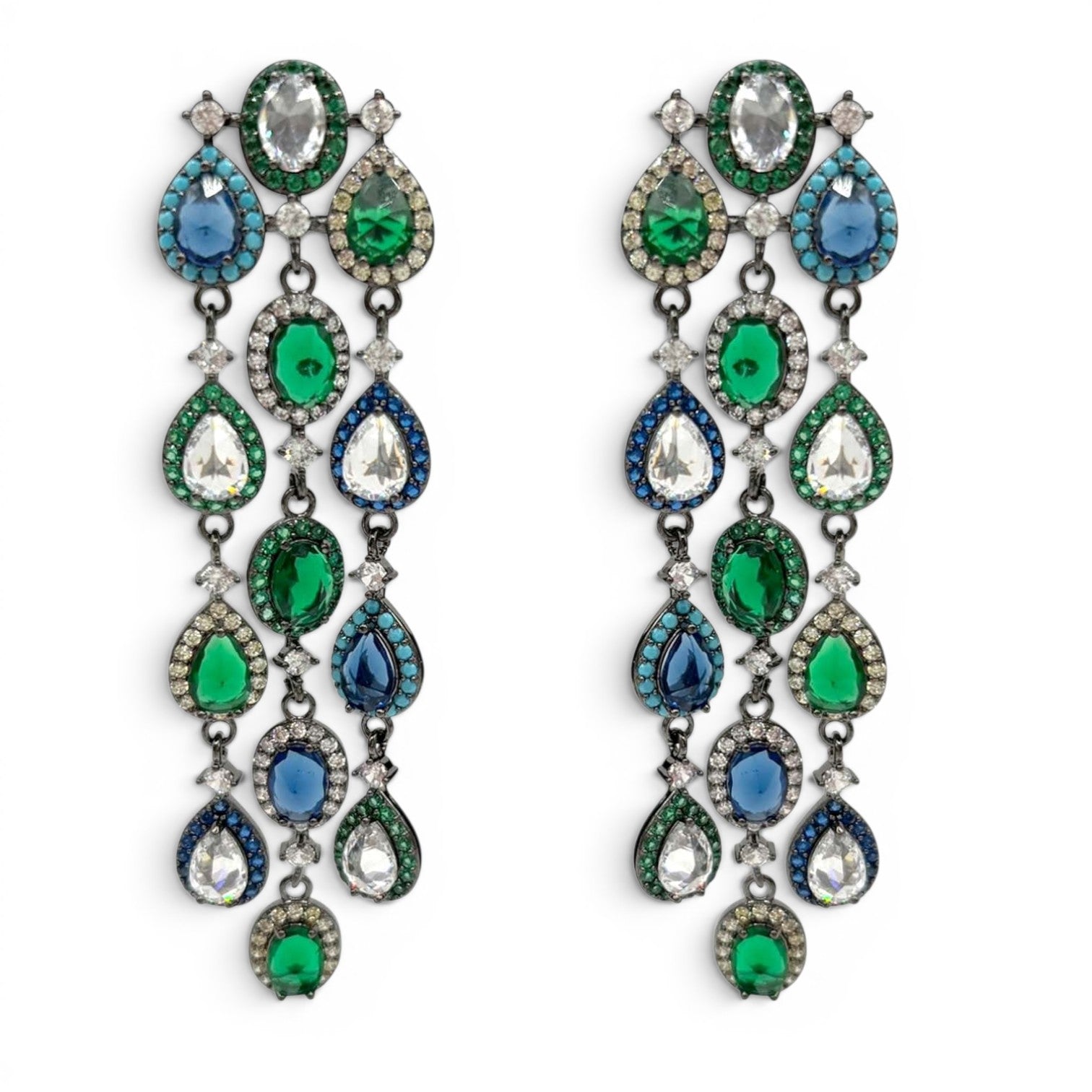Pendientes Fabiola con cristales multicolor y piedras preciosas engastados con clip en rodio ennegrecido