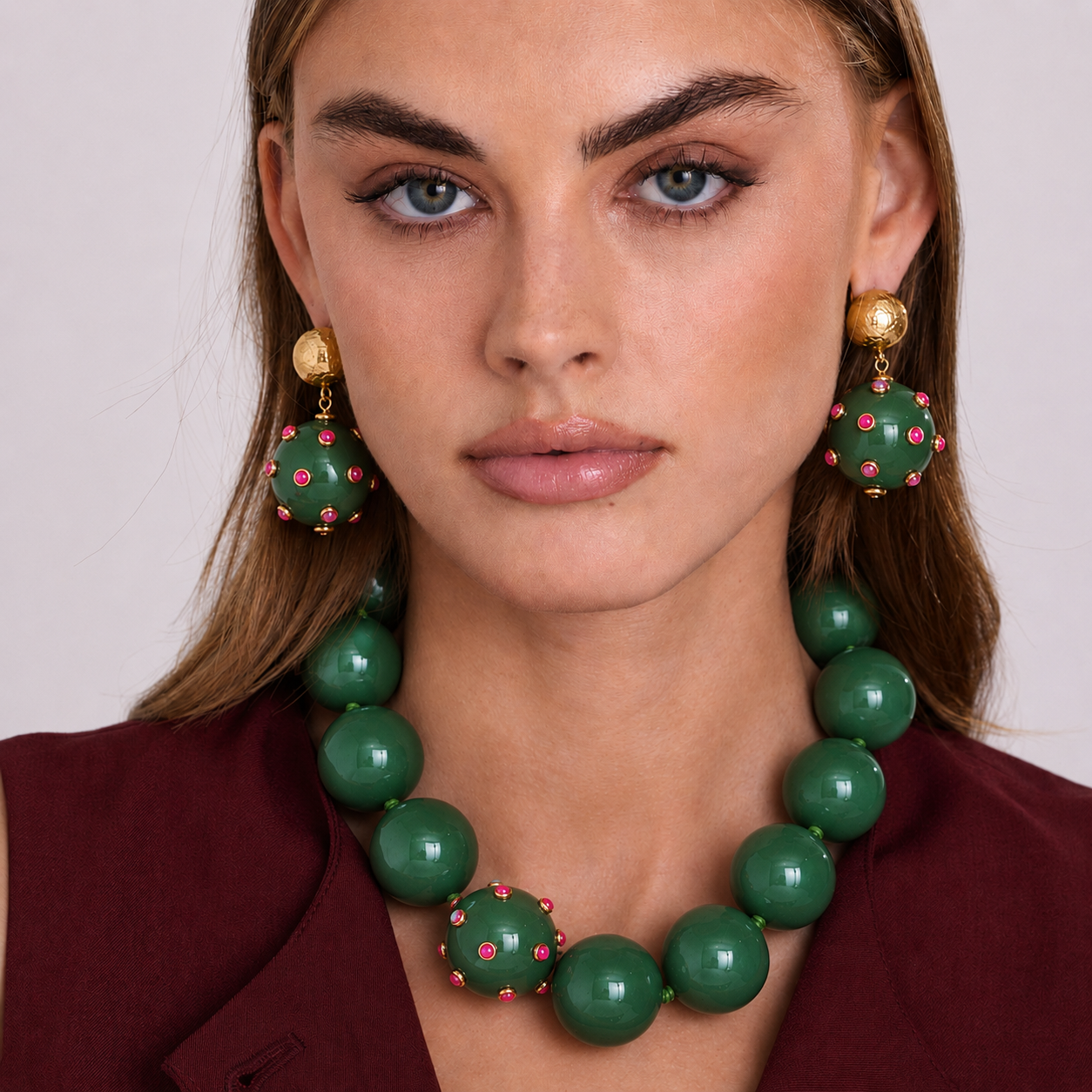 Sienna Forest Green Necklace With Fuchsia Studded Ball