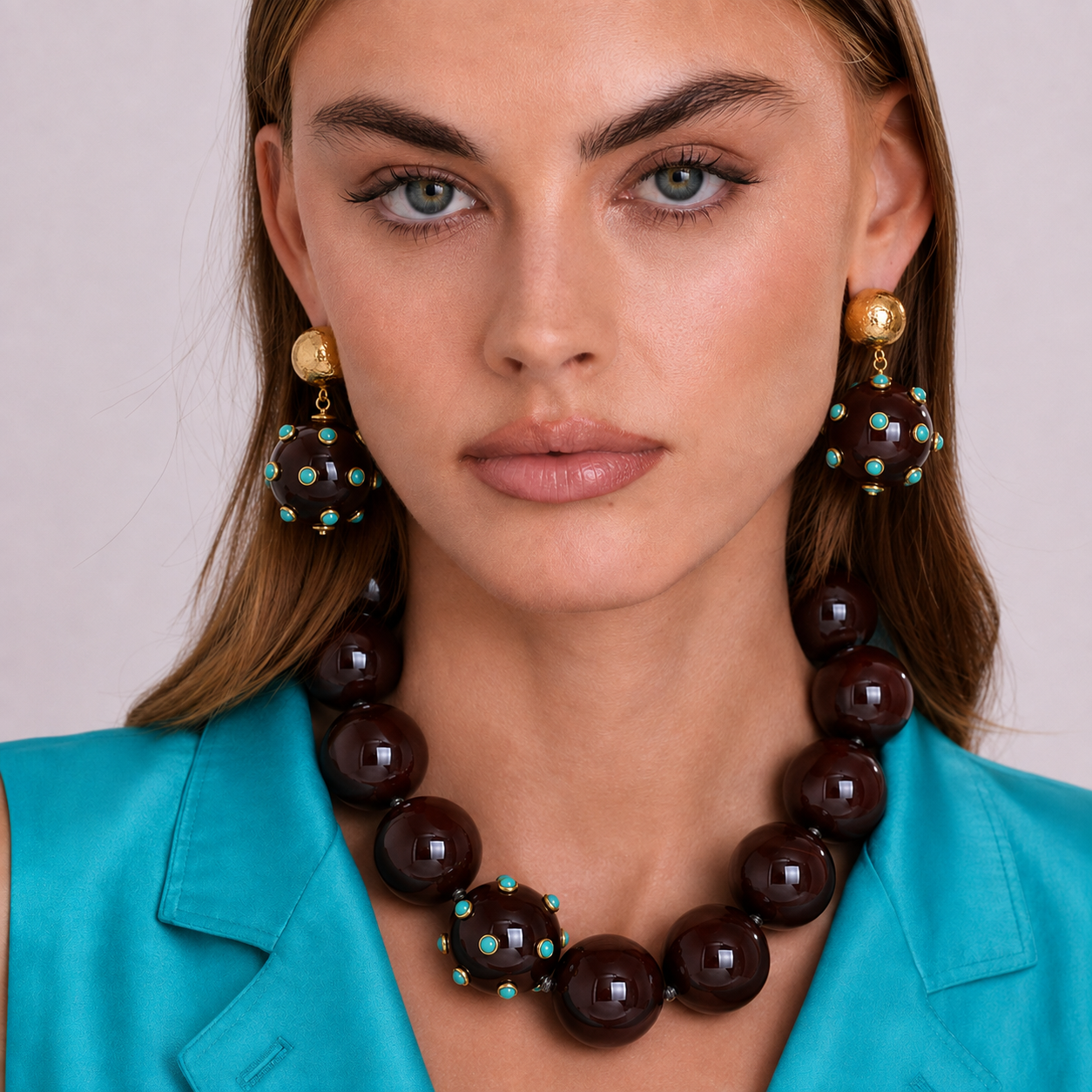 Sienna Chocolate Brown Necklace With Turquoise Studded Ball