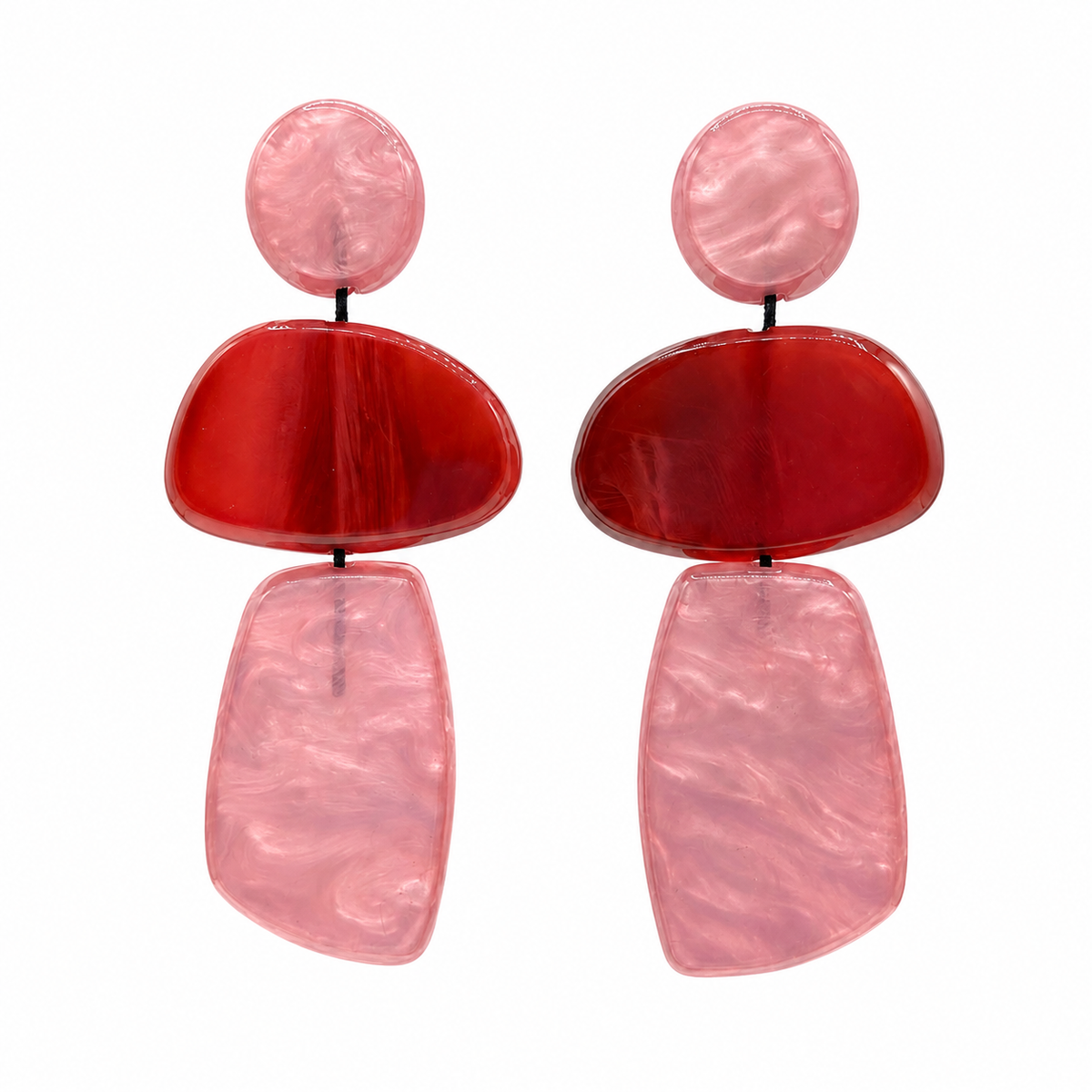 Puzzle Resin Pink And Brown Multi Triple Drop Earrings