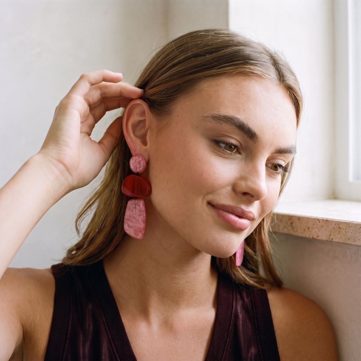 Puzzle Resin Pink And Brown Multi Triple Drop Earrings