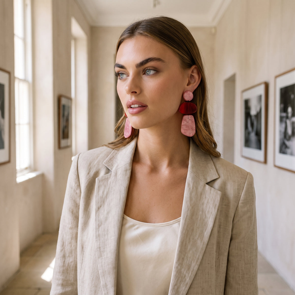 Puzzle Resin Pink And Brown Multi Triple Drop Earrings
