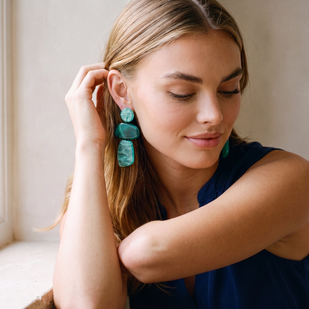 Puzzle Resin Shades Of Blue Triple Drop Earrings