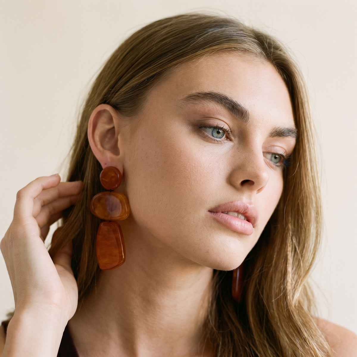 Puzzle Resin Tobacco Triple Drop Earrings