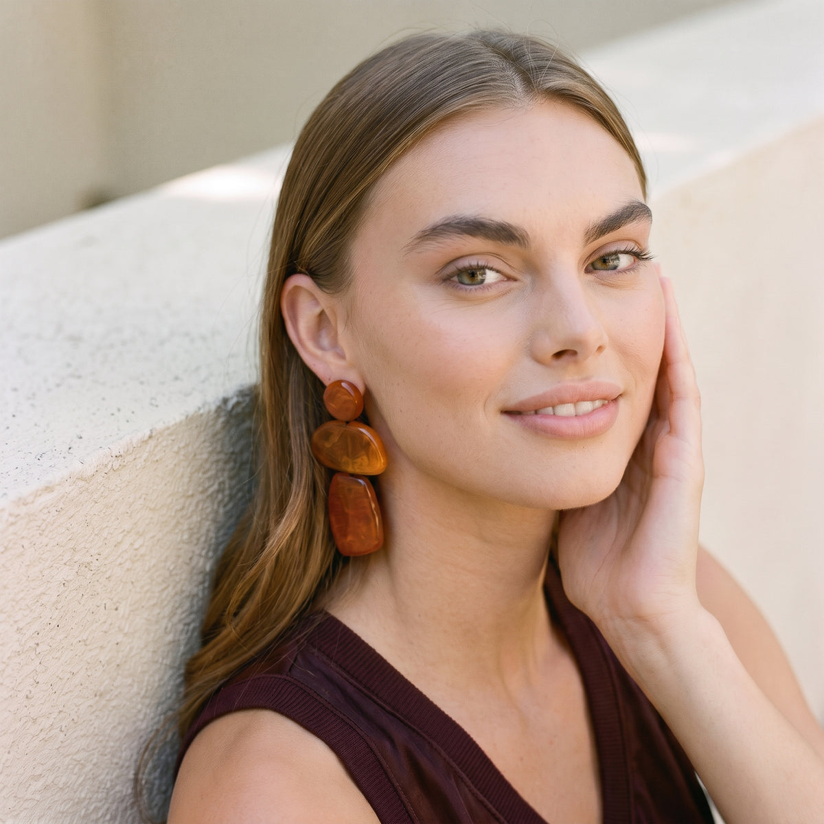 Puzzle Resin Tobacco Triple Drop Earrings