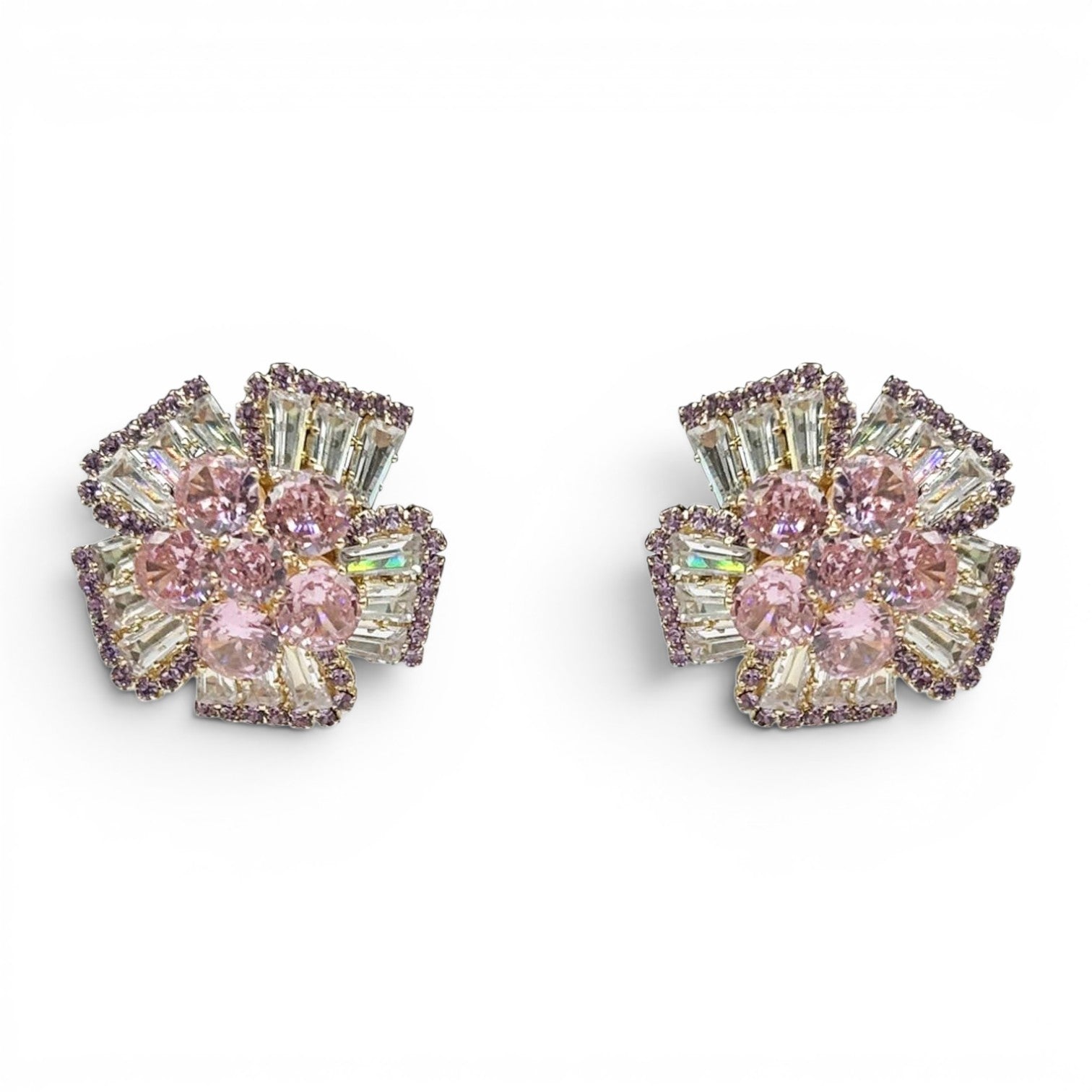 Fausta Pink Sapphire And Baguette Crystal Clip On Button Earrings