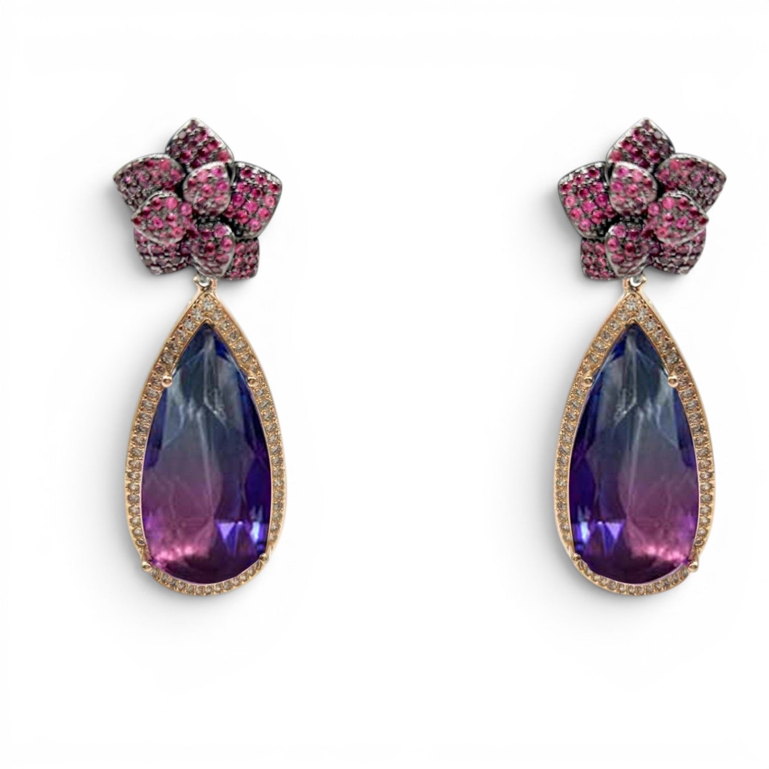 Fernanda Ruby Cubic Zirconium Flower With Elongated Amethyst Cubic Zirconium Pear Drop Earrings