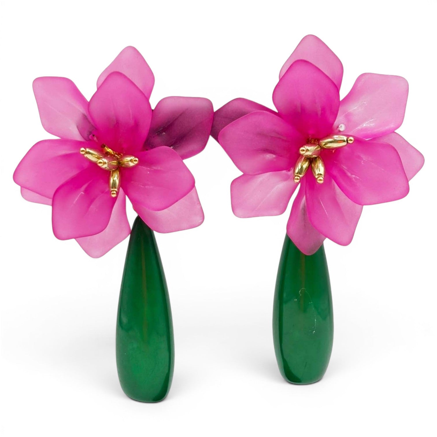 Flora Fuchsia Resin Floral Clip On Earring With Green Drop