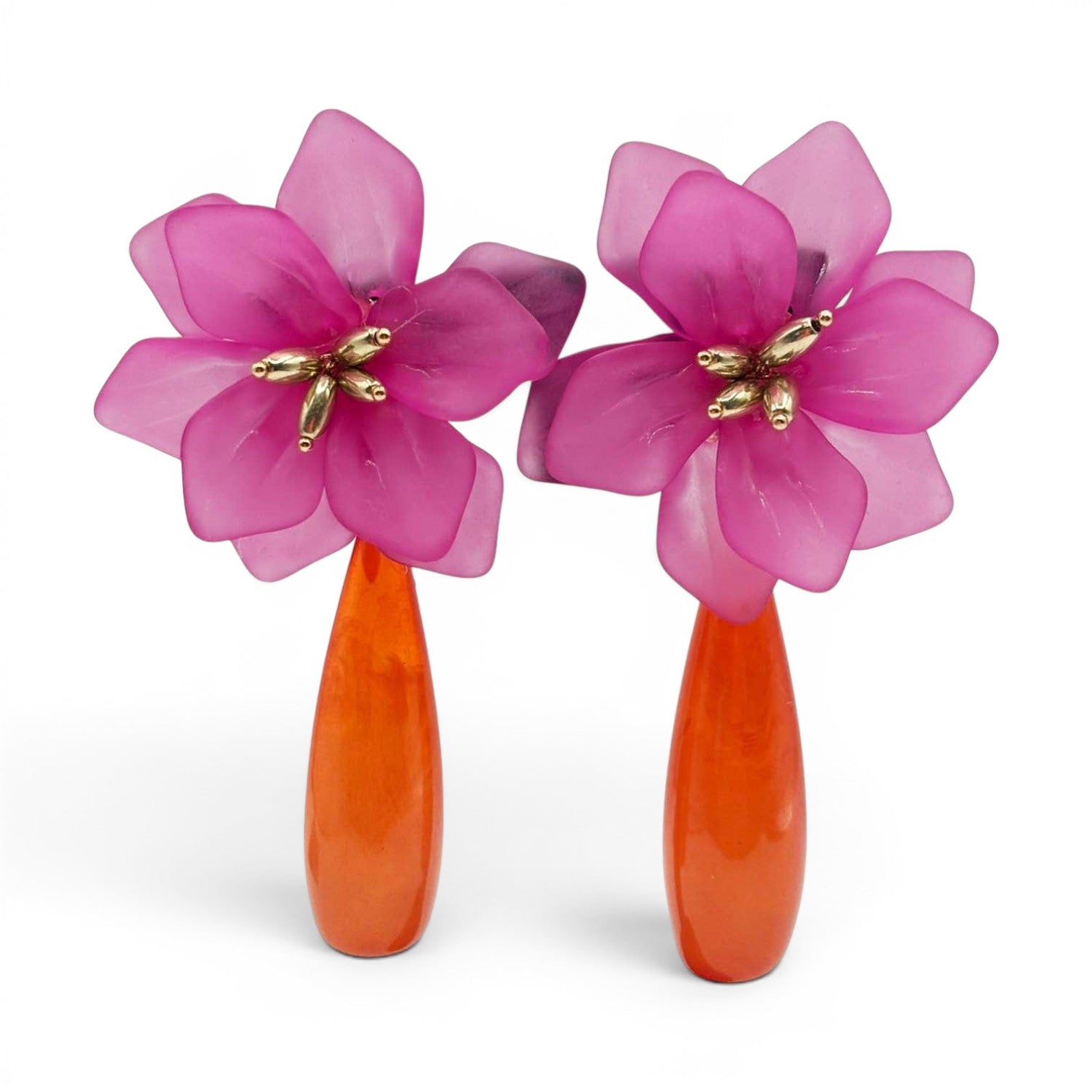 Flora Fuchsia Resin Floral Clip On Earring With Orange Drop