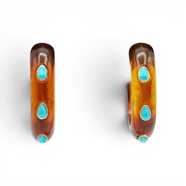 Genevieve Tortoise Resin Hoop Earrings With Faceted Turquoise Glass Pear Stones