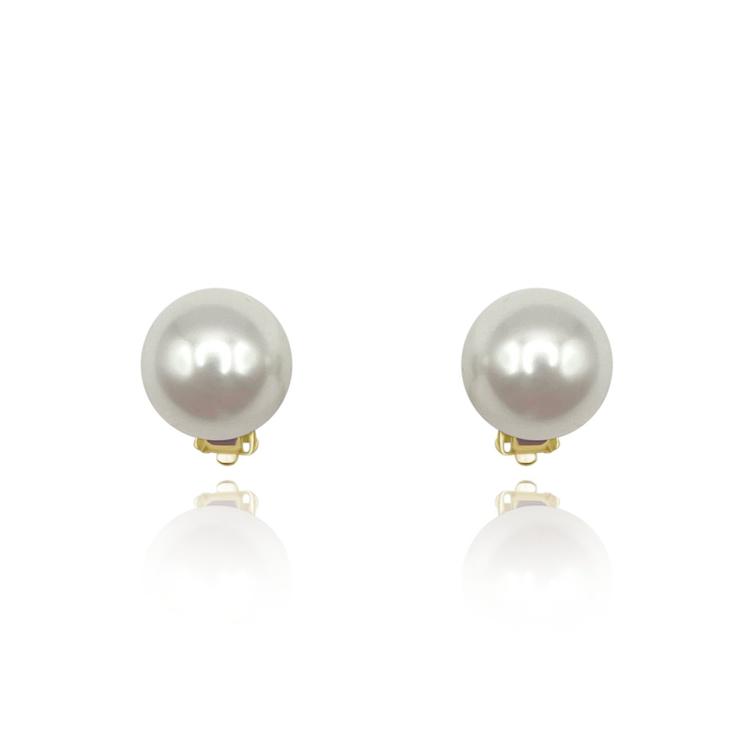 Celine Large Round Clip On Shell Based Pearl Earrings In Gold Plated Sterling Silver