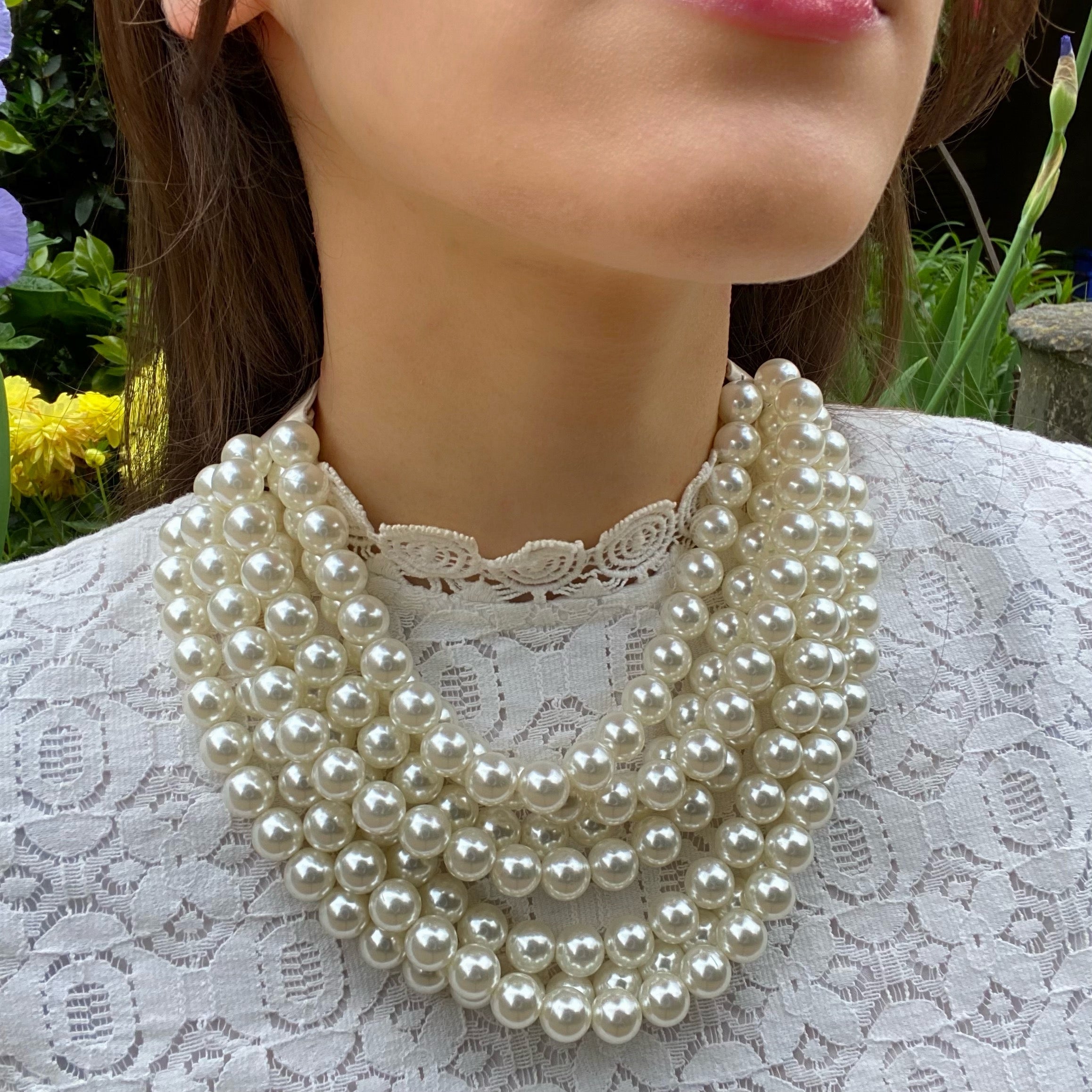 Isadora Multi-Strand Faux Pearl Necklace With Ivory Vegan Adjustable C