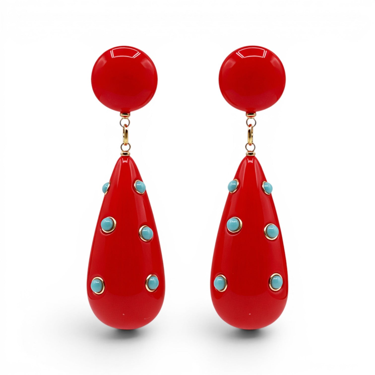 Kathryn Red And Turquoise Drop Polka Dot Earrings