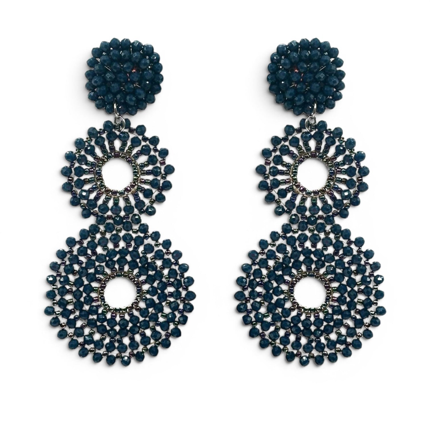 Pendientes colgantes bohemios con clip de cristal azul marino Jeannette