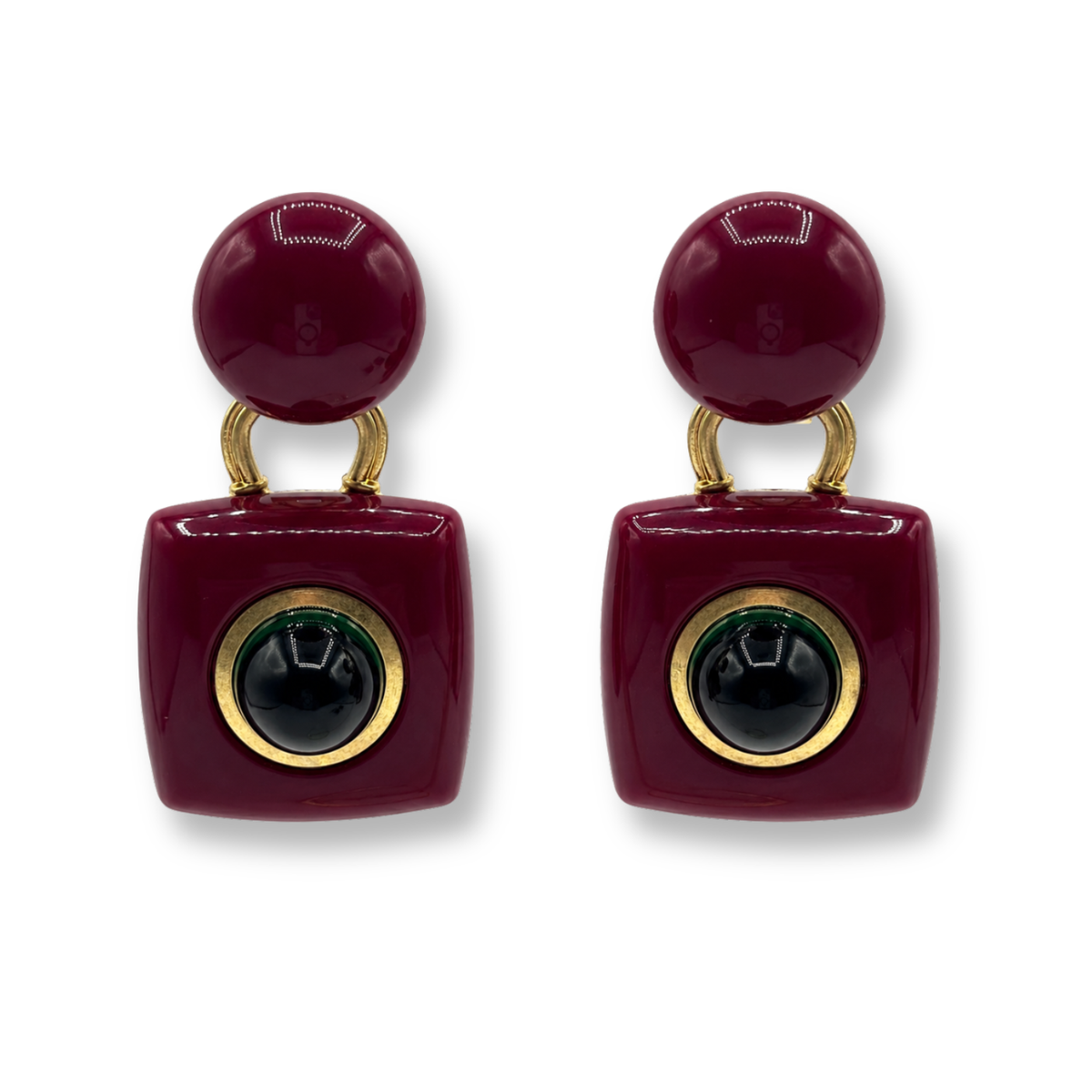 Madison Burgundy Resin Earrings With Emerald Glass Stones